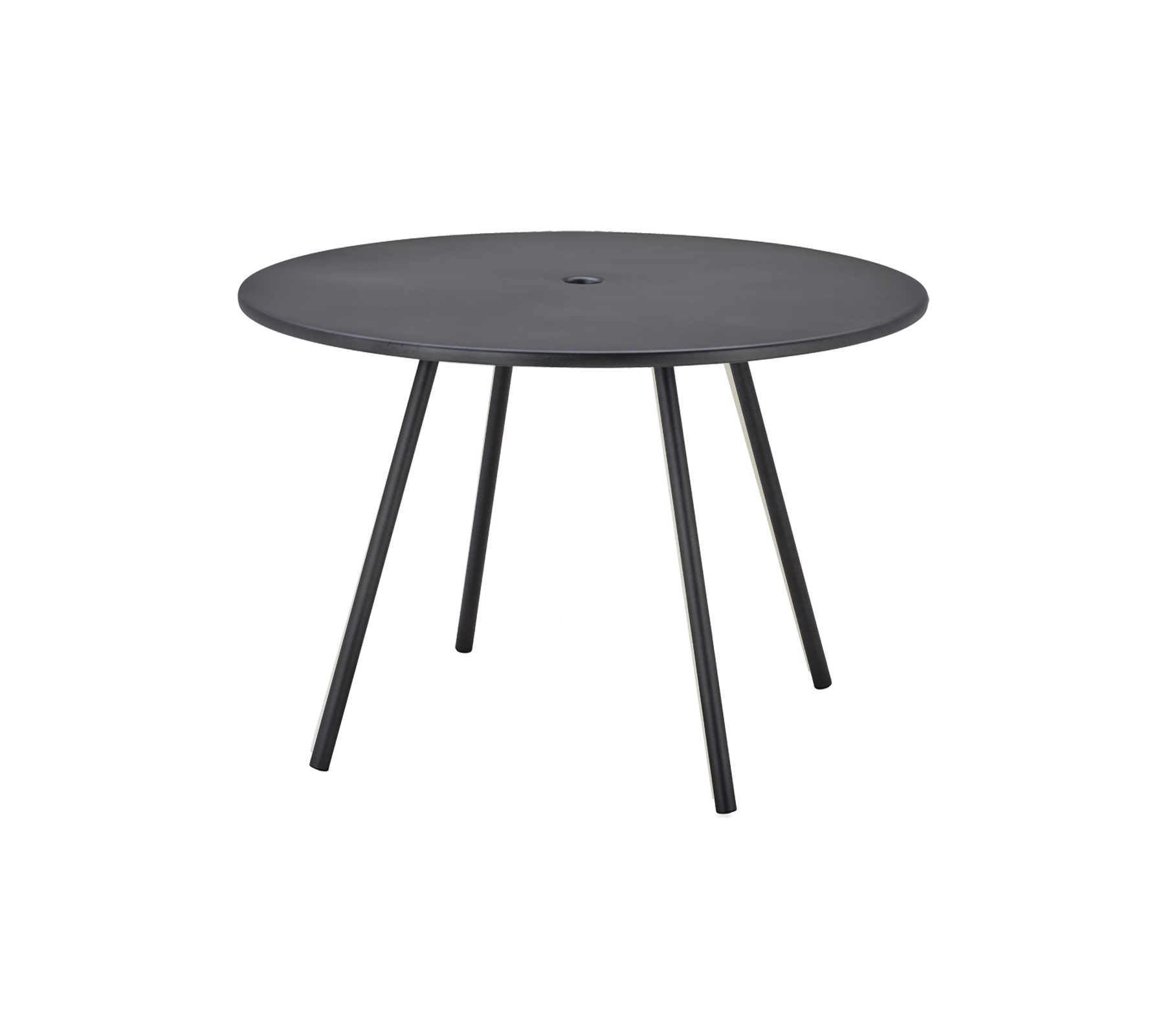 Table ronde noire avec une surface lisse et trois pieds fins, conçue pour un usage polyvalent.