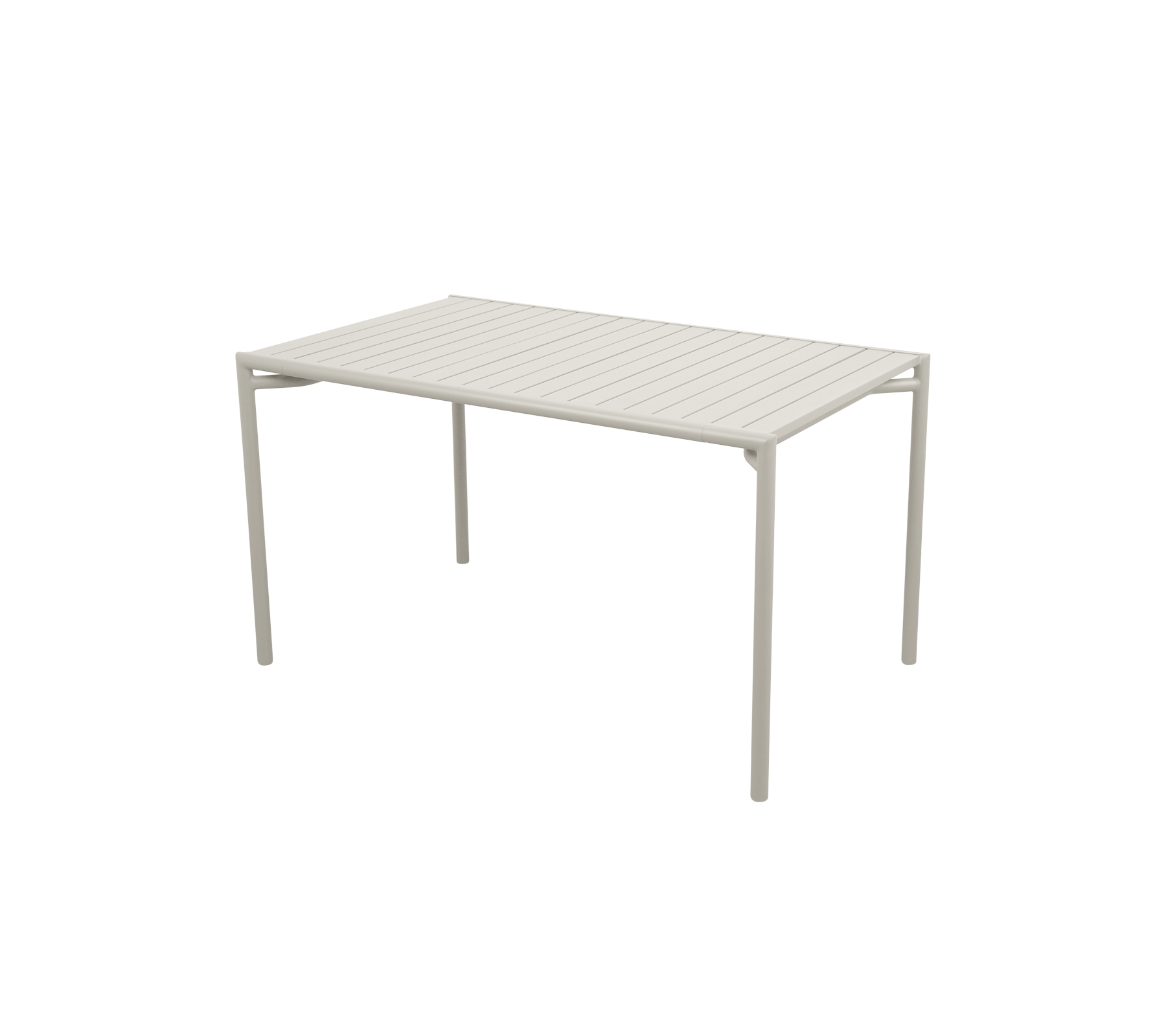 Table rectangulaire avec une surface à lattes et quatre pieds droits, présentant un design moderne et minimaliste dans une couleur claire.