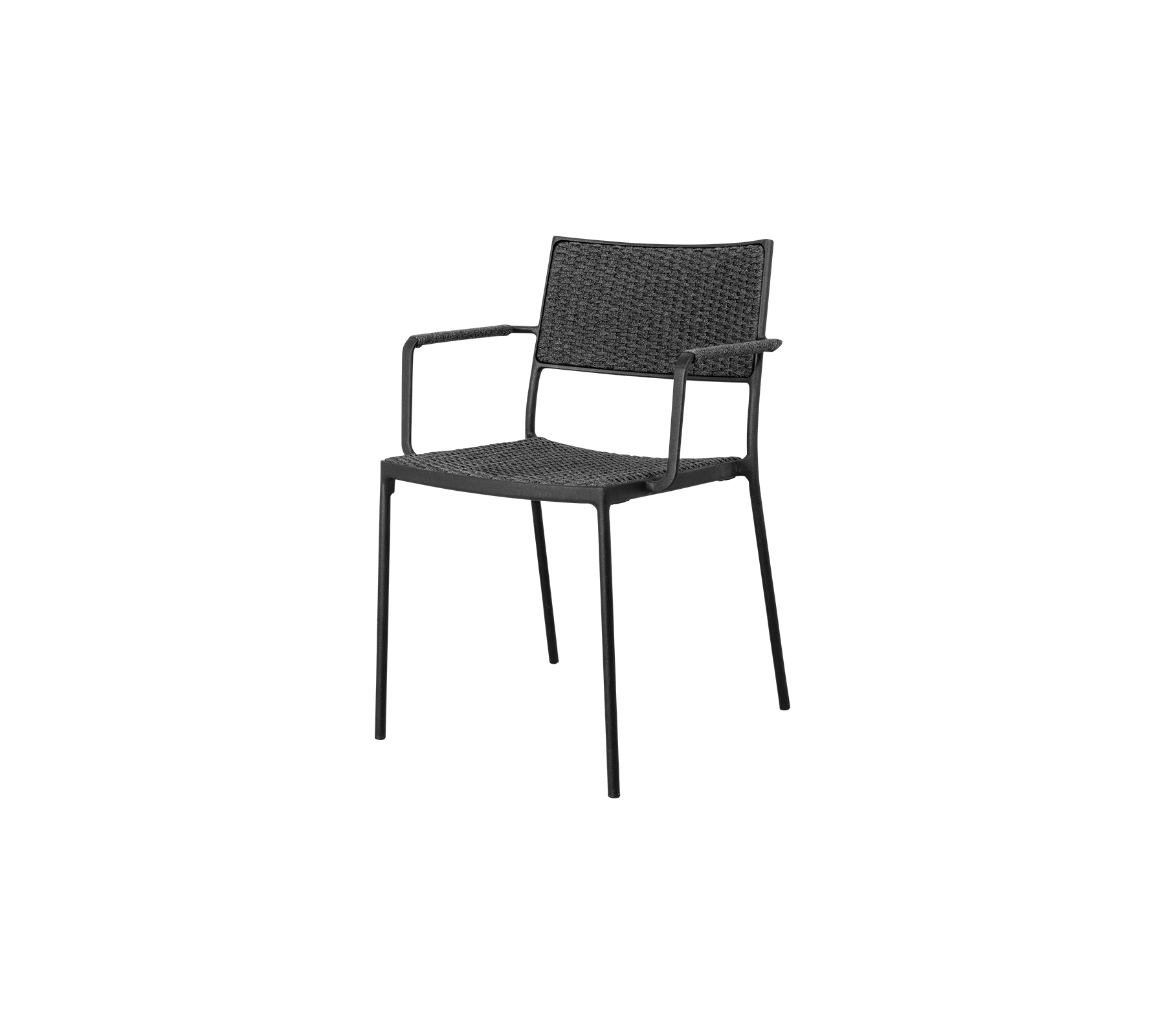 Fauteuil tissé noir au design minimaliste, avec une structure robuste et un siège confortable pour des environnements décontractés ou formels.