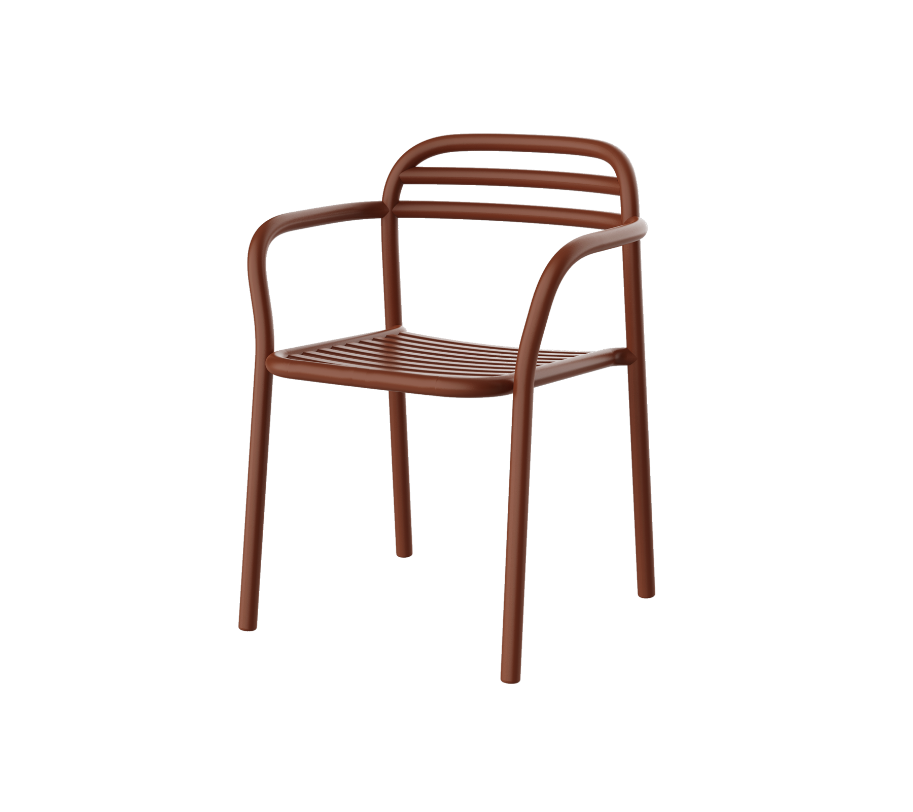 Chaise brune au design moderne avec des accoudoirs incurvés et des lattes horizontales sur le dossier. Idéale pour un siège décontracté.