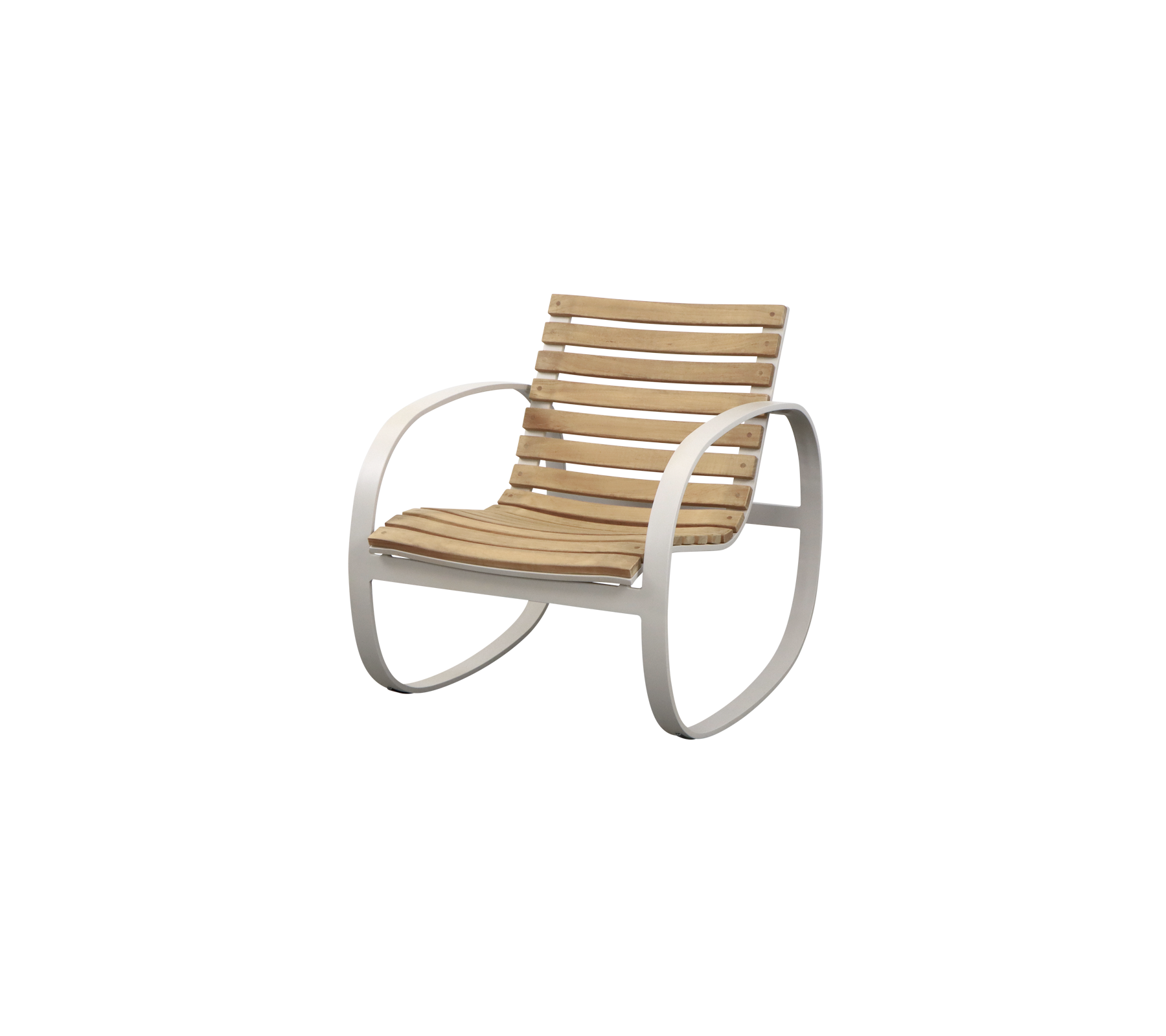 Fauteuil à bascule tendance avec un siège en bois à lattes et un cadre en métal incurvé et élégant. Idéal pour un confort de siège détendu.