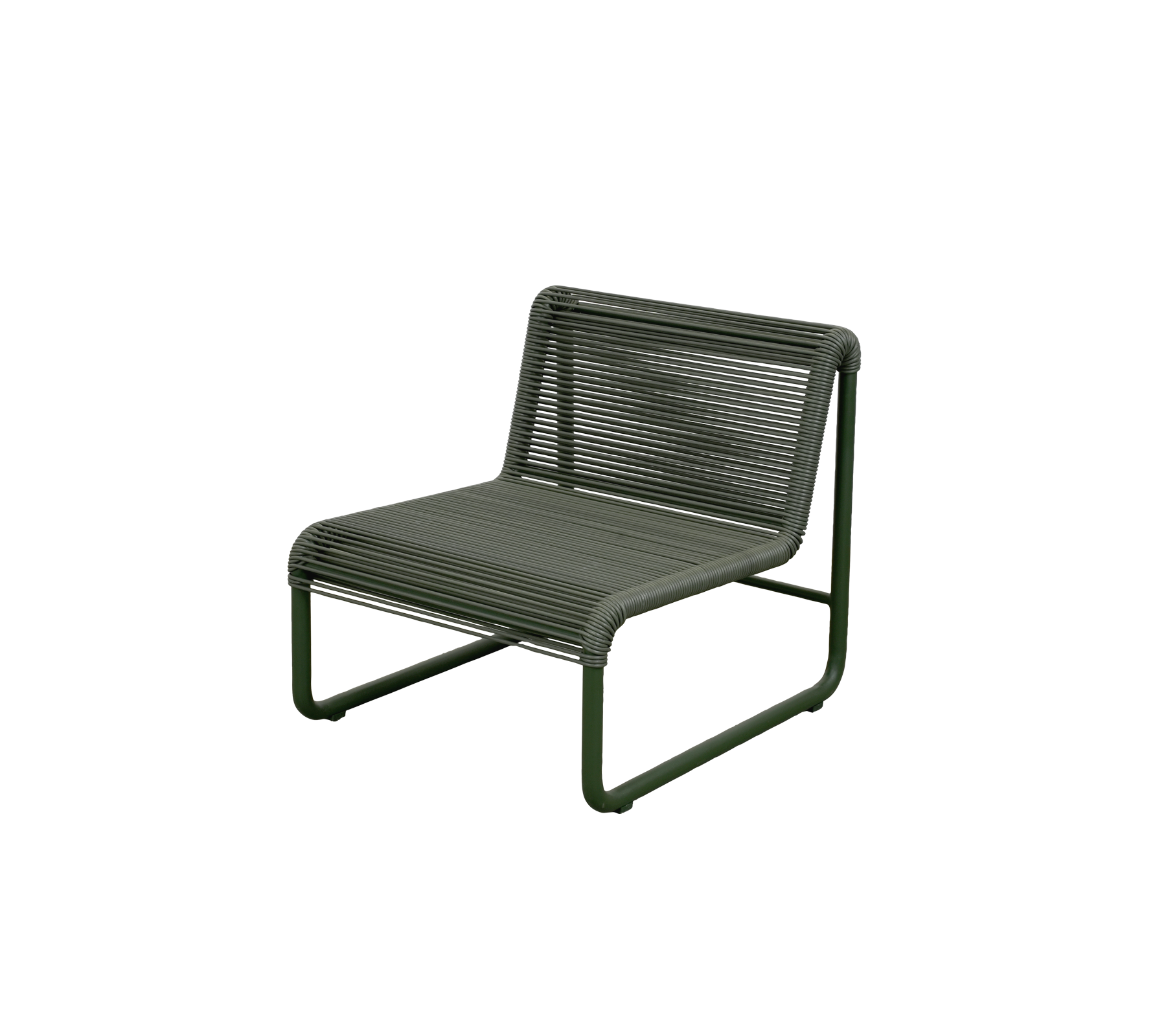 Chaise vert foncé avec un design à nervures distinctes et un cadre en métal.
