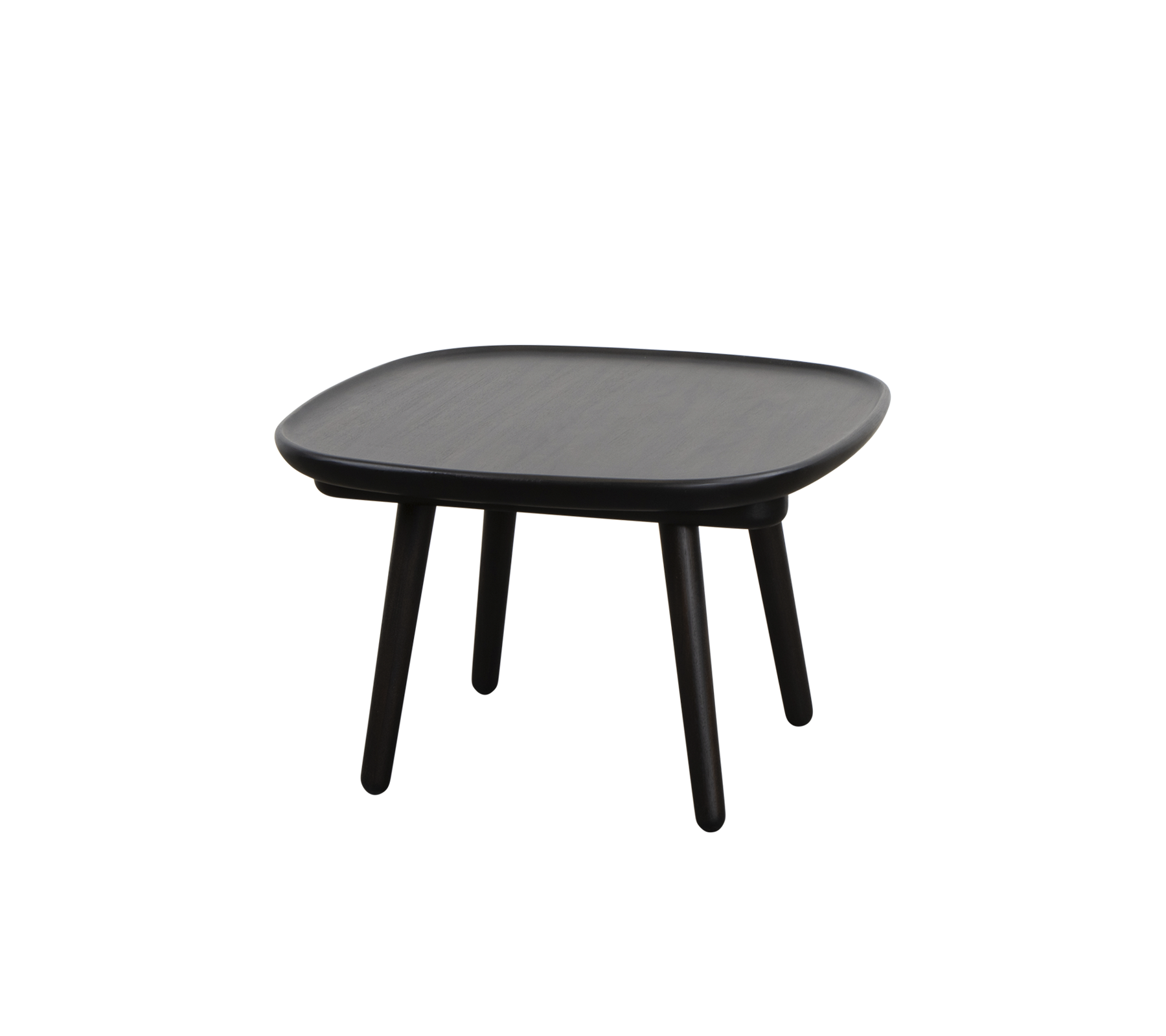 Table noire carrée avec une surface lisse et quatre jambes élancées, conçue pour la polyvalence et la simplicité dans le style.