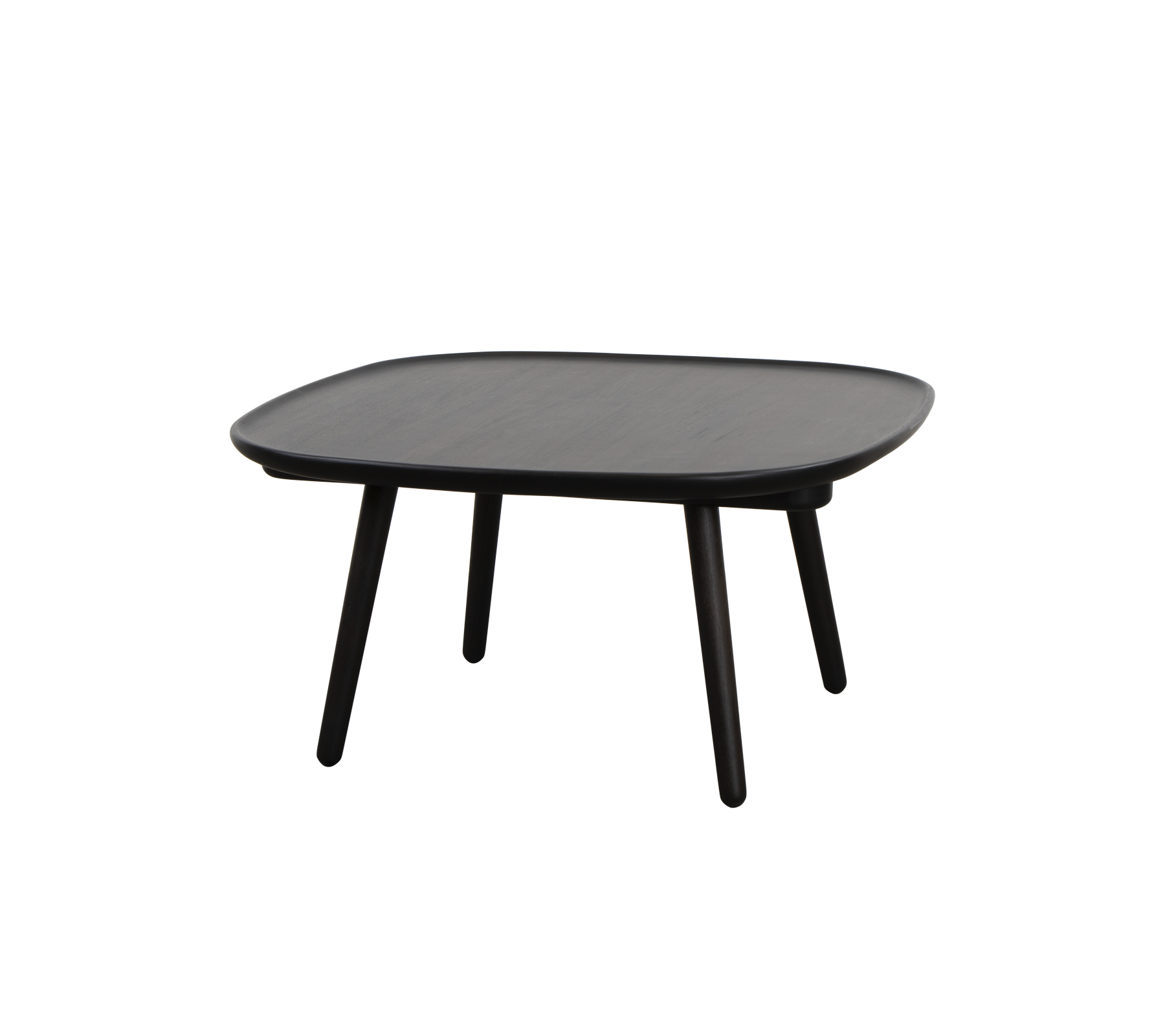 Table noire carrée avec une surface lisse et quatre pieds fins, conçue pour une utilisation polyvalente dans divers contextes.
