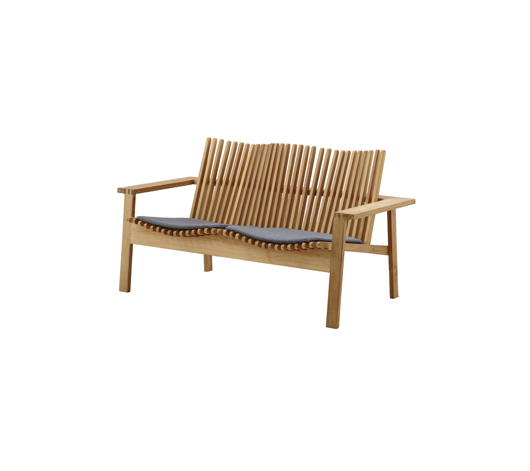 Banc en bois élégant avec dossier à lattes et coussin gris confortable, parfait pour se détendre et s'asseoir dans n'importe quel espace.