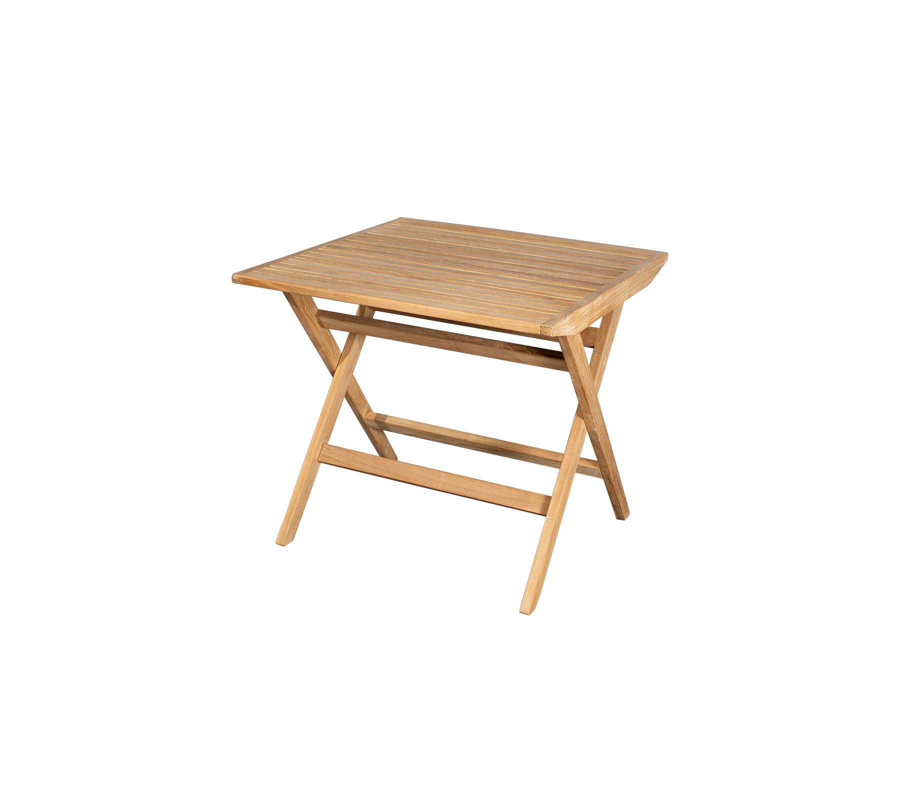 Table en bois compacte avec un dessus en lattes et des pieds croisés, parfaite pour un usage polyvalent dans divers environnements.