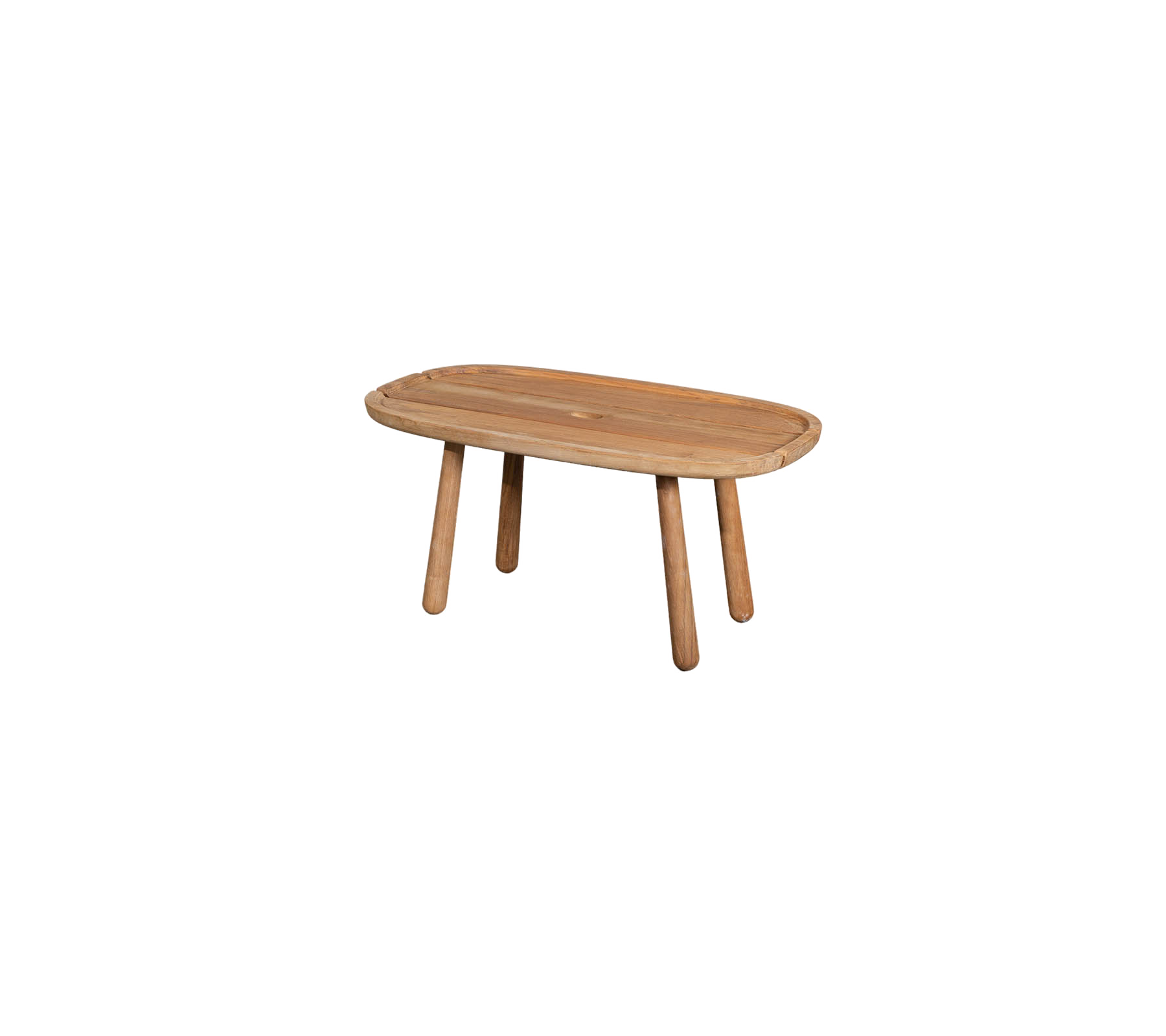 Une table en bois avec un plateau ovale et quatre pieds robustes, conçue pour une esthétique moderne ou rustique.