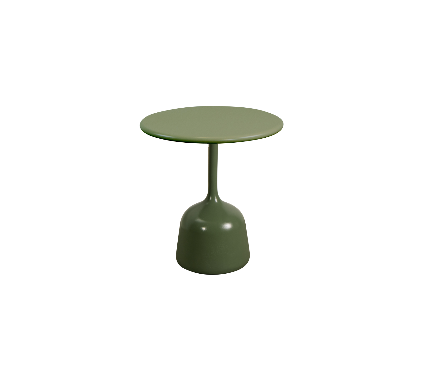 Petite table ronde au design simple et à la finition verte solide, avec un dessus lisse soutenu par une base arrondie.