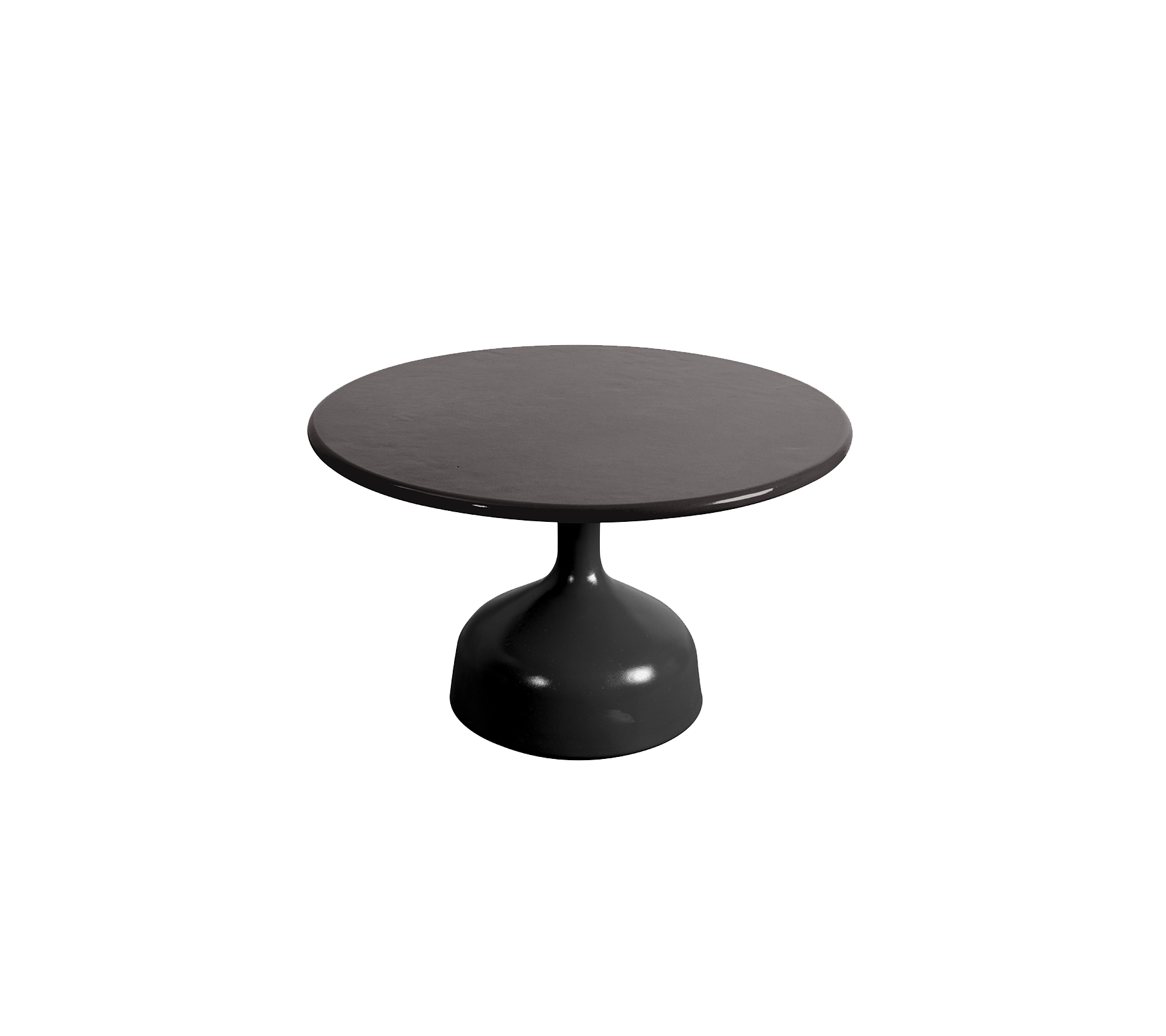 Table ronde noire avec un plateau lisse et une base en pied, conçue pour une esthétique moderne et une utilisation polyvalente.