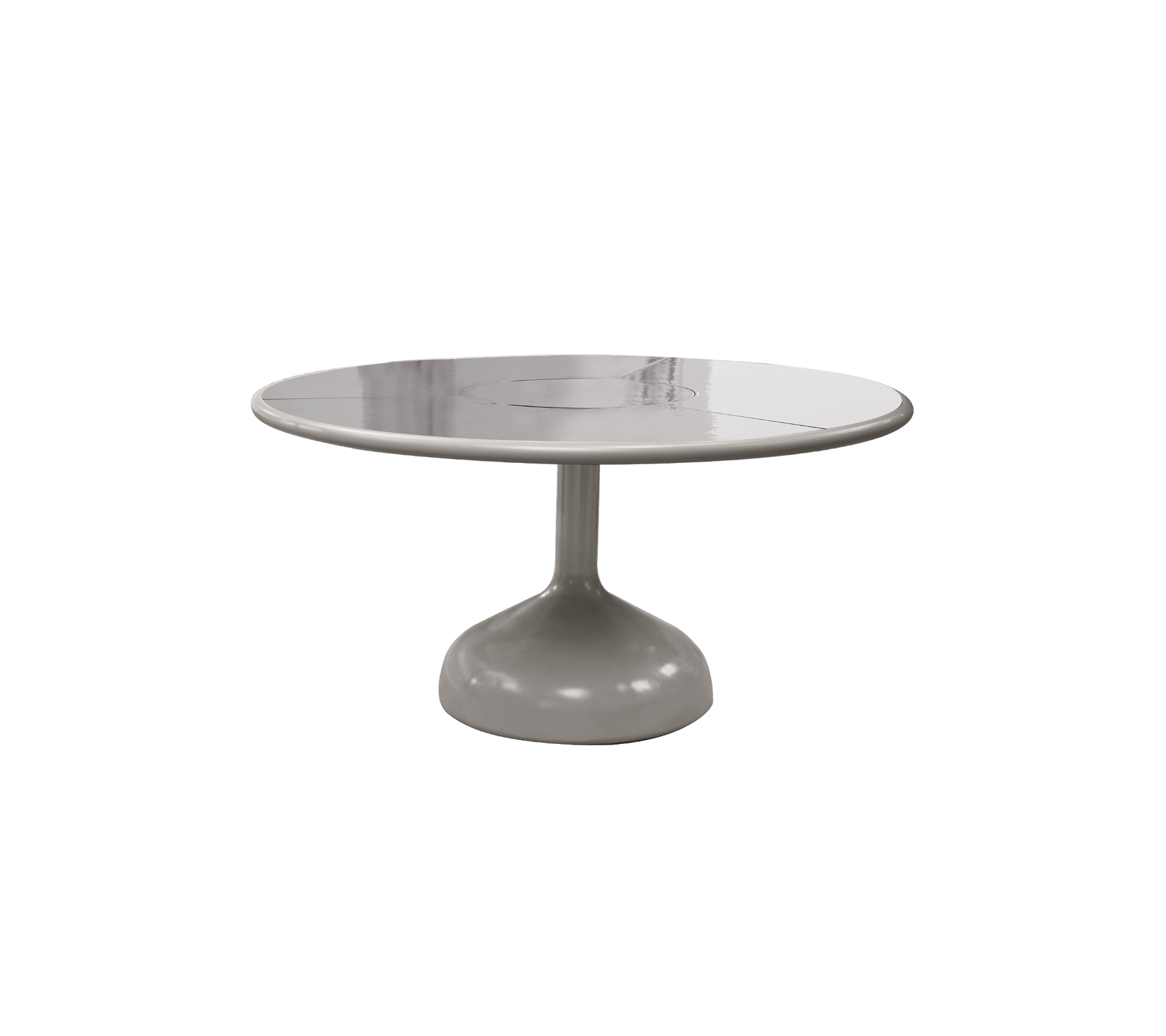 Table ronde avec une surface lisse et brillante et une base en pédestal robuste, mettant en valeur un design moderne et minimaliste.