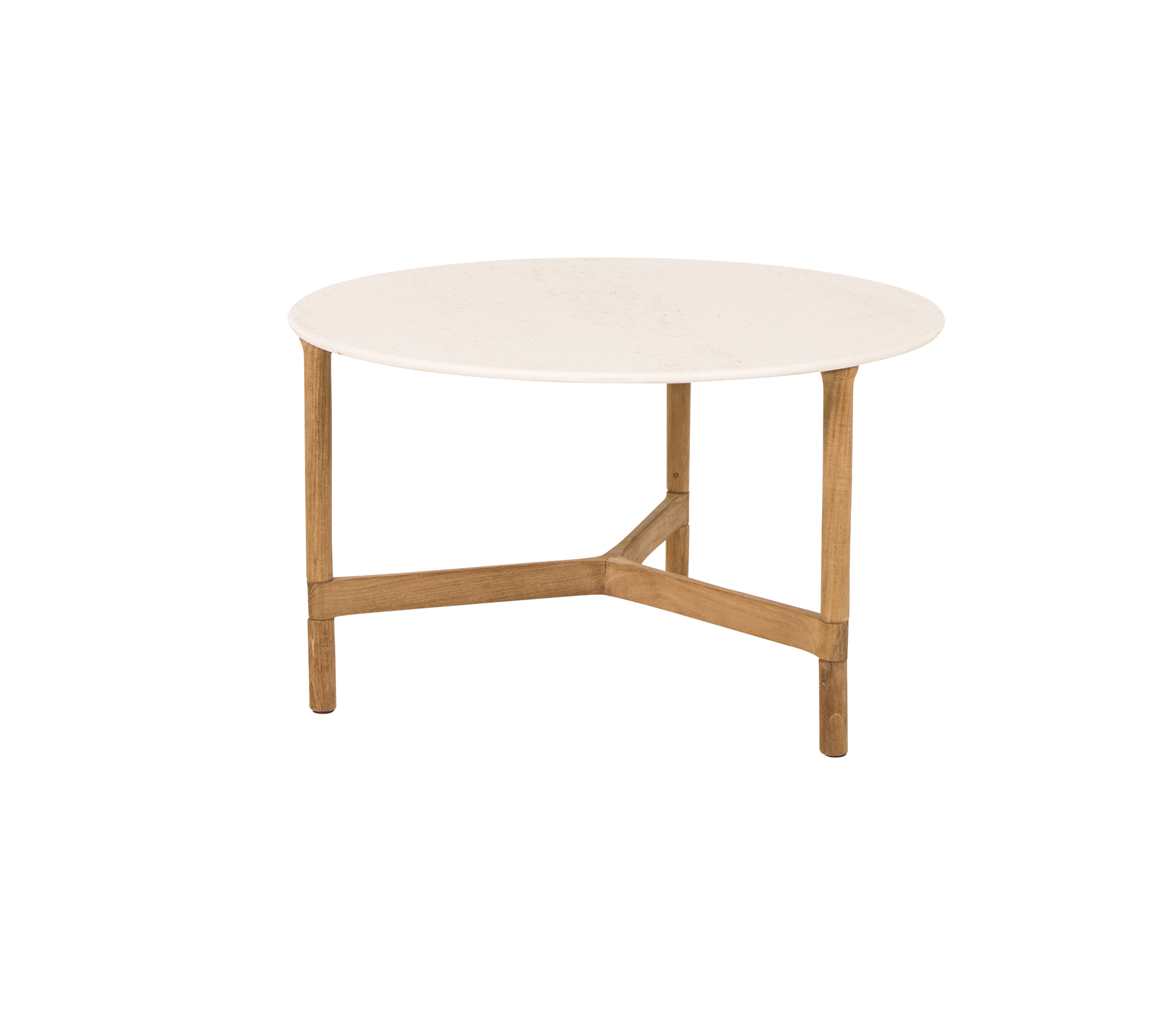 Table basse ronde avec un dessus blanc lisse et des pieds en bois clair, présentant un design moderne et minimaliste.