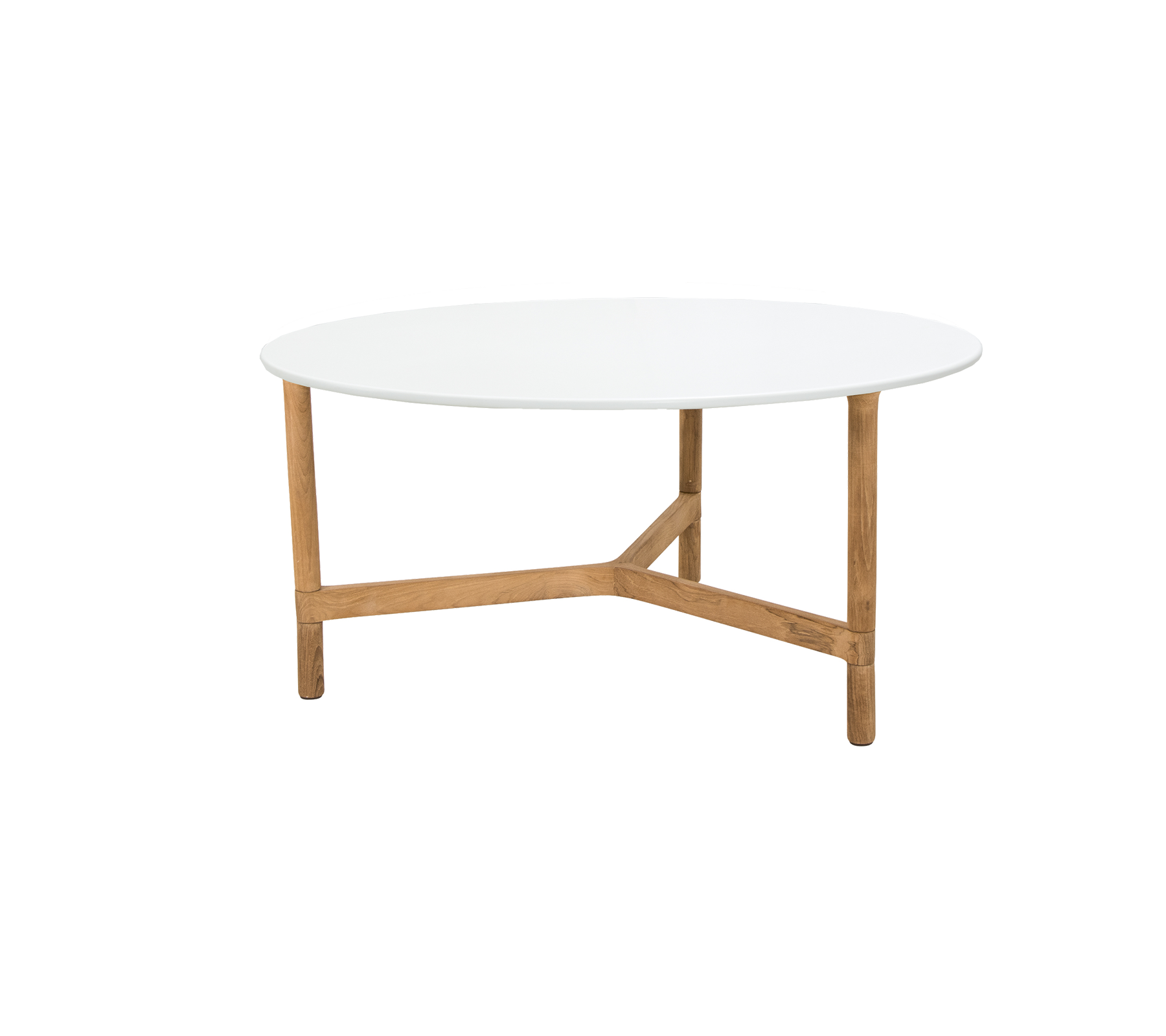 Une table basse ronde avec un dessus blanc élégant, soutenue par des pieds en bois robustes avec un design croisé unique.