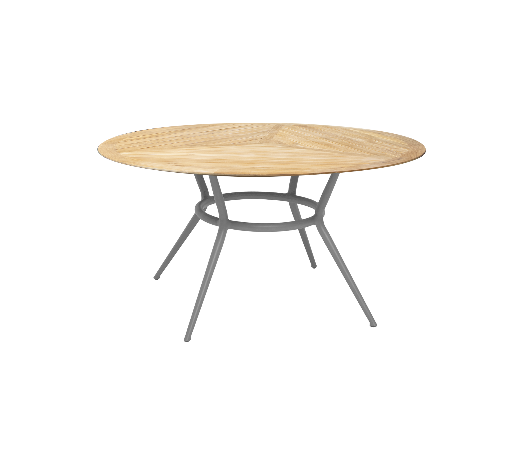 Table ronde en bois avec une finition naturelle et une base métallique moderne et élégante dotée de trois pieds inclinés. Idéale pour divers environnements.