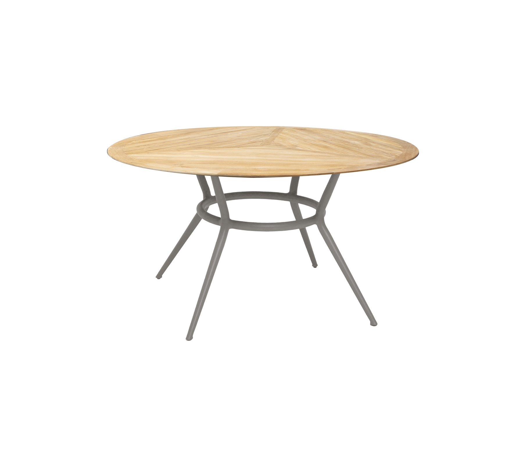 Table ronde en bois avec une finition en bois clair et des pieds gris robustes, offrant un design moderne et élégant pour divers environnements.