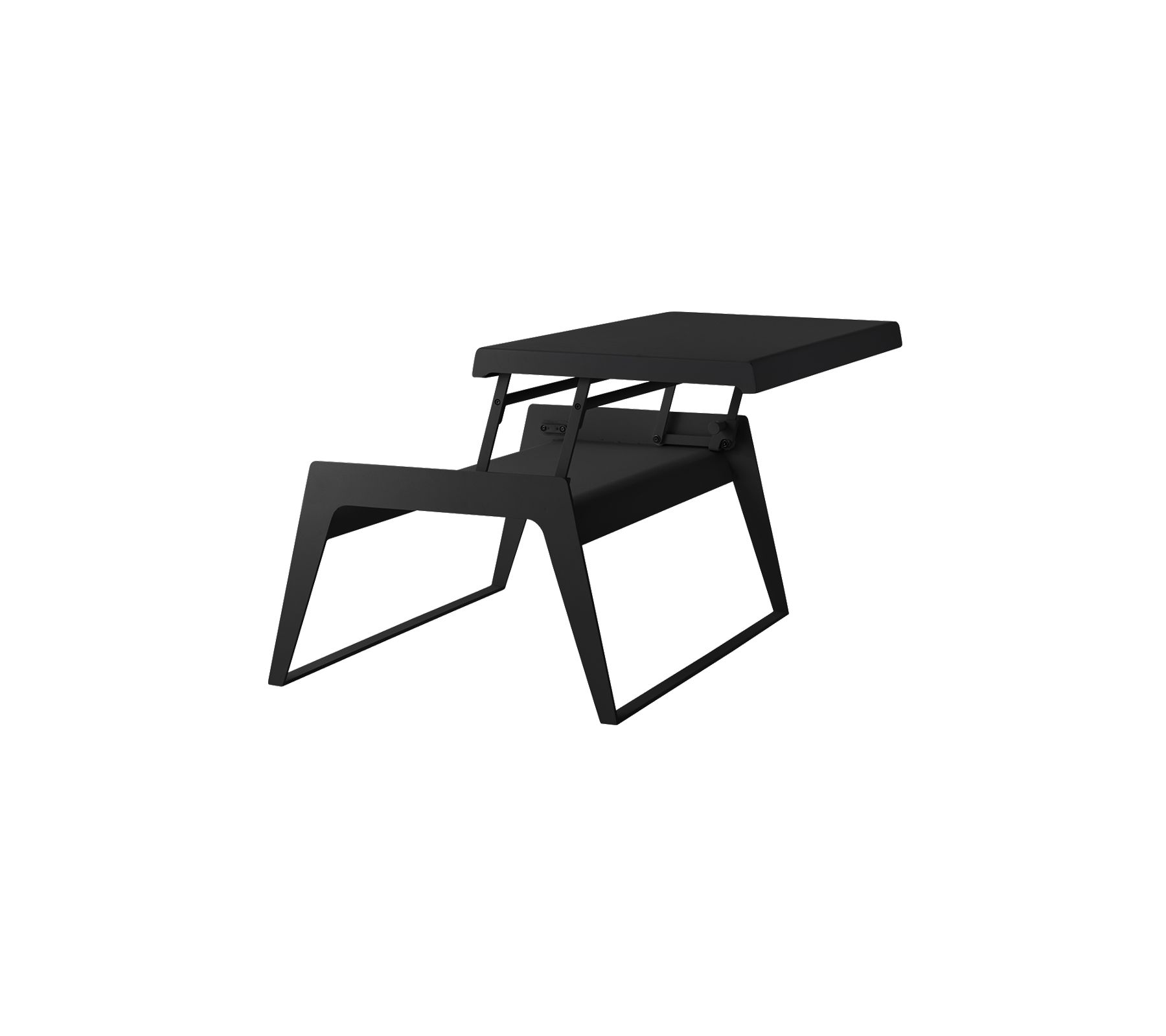 Table noire élégante au design moderne, offrant une surface spacieuse et des pieds inclinés uniques. Idéale pour des espaces contemporains.