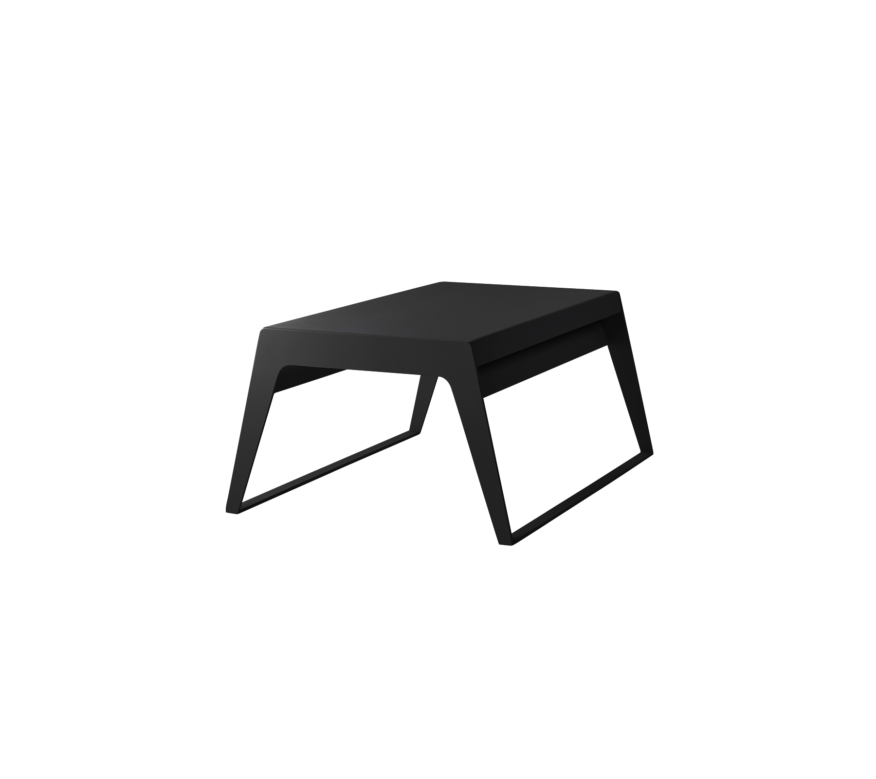 Une table noire minimaliste au design épuré, avec des pieds angulaires et un plateau rectangulaire, adaptée à divers usages.