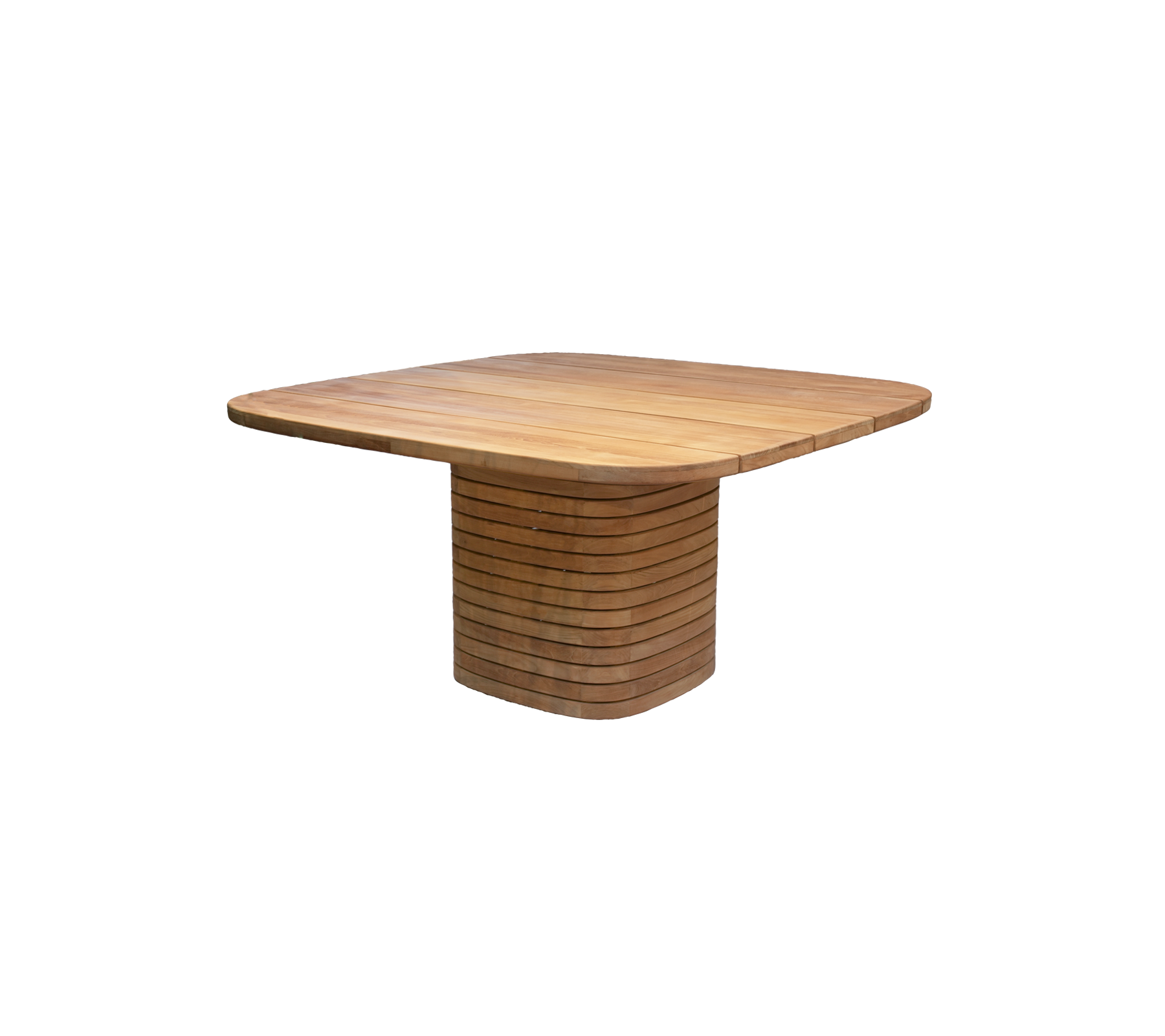 Table à manger carrée en teck avec un design de base unique.