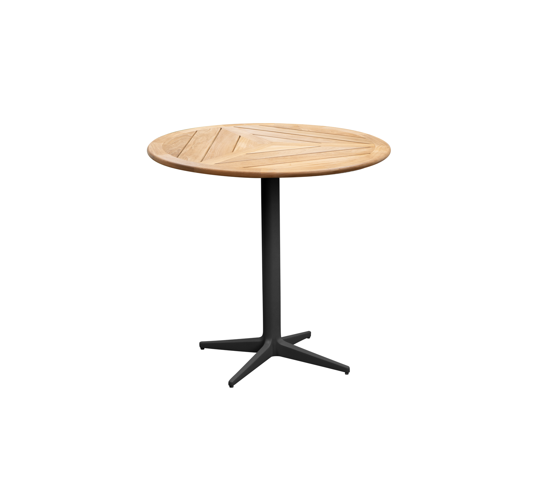 Table ronde en bois avec un dessus en lattes et une base noire robuste, parfaite pour des rassemblements informels ou une décoration esthétique.