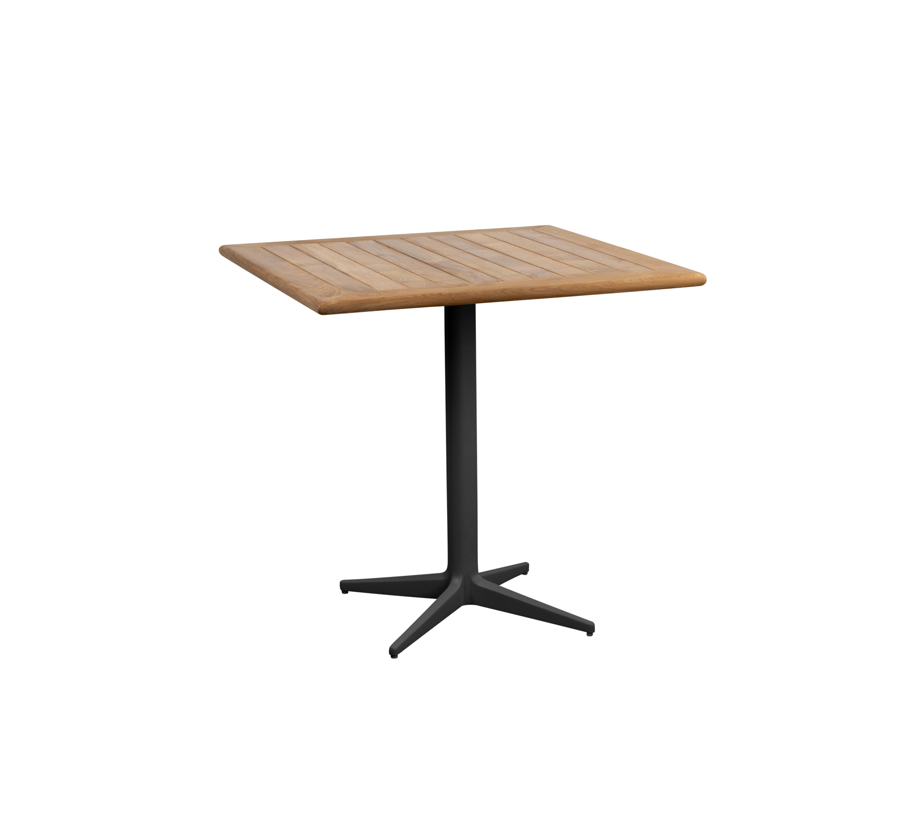 Table carrée avec un dessus en bois et une base en piédestal noire élégante, idéale pour divers cadres et rassemblements.