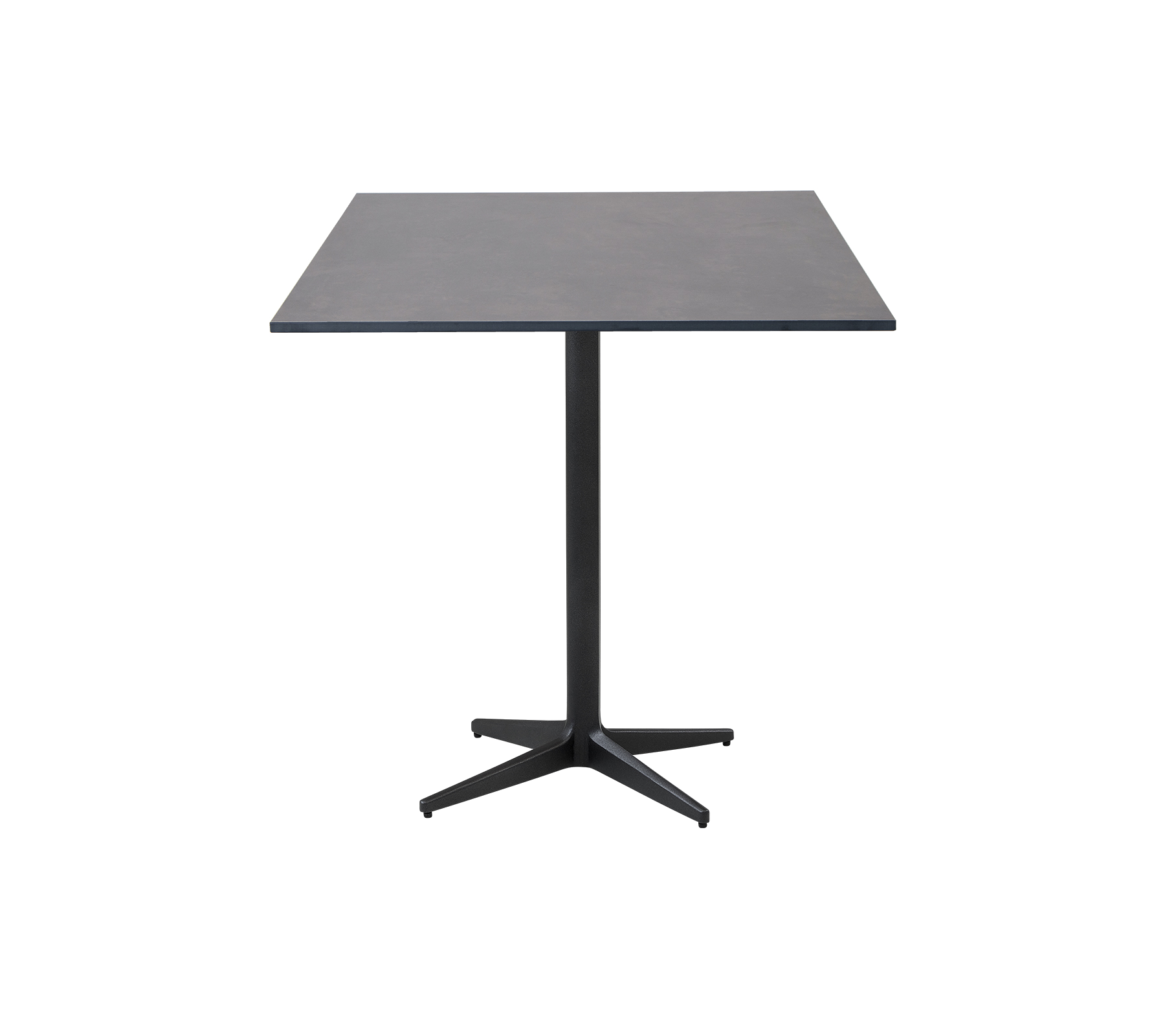 Table carrée moderne avec une surface lisse et une base en piédestal central, idéale pour divers environnements et réunions.
