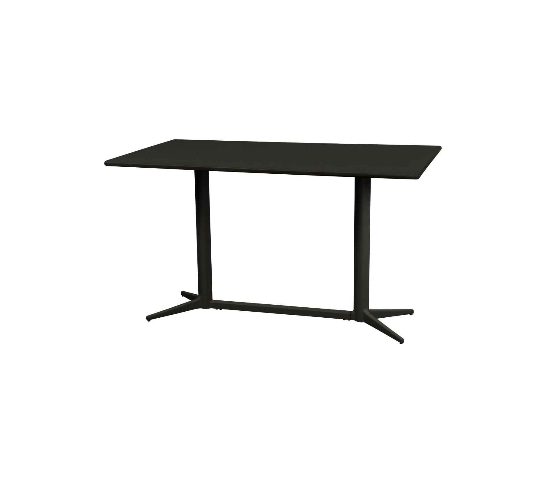 Table moderne avec une surface rectangulaire élégante et des pieds robustes, présentant un design minimaliste dans une finition sombre. Idéale pour divers espaces.