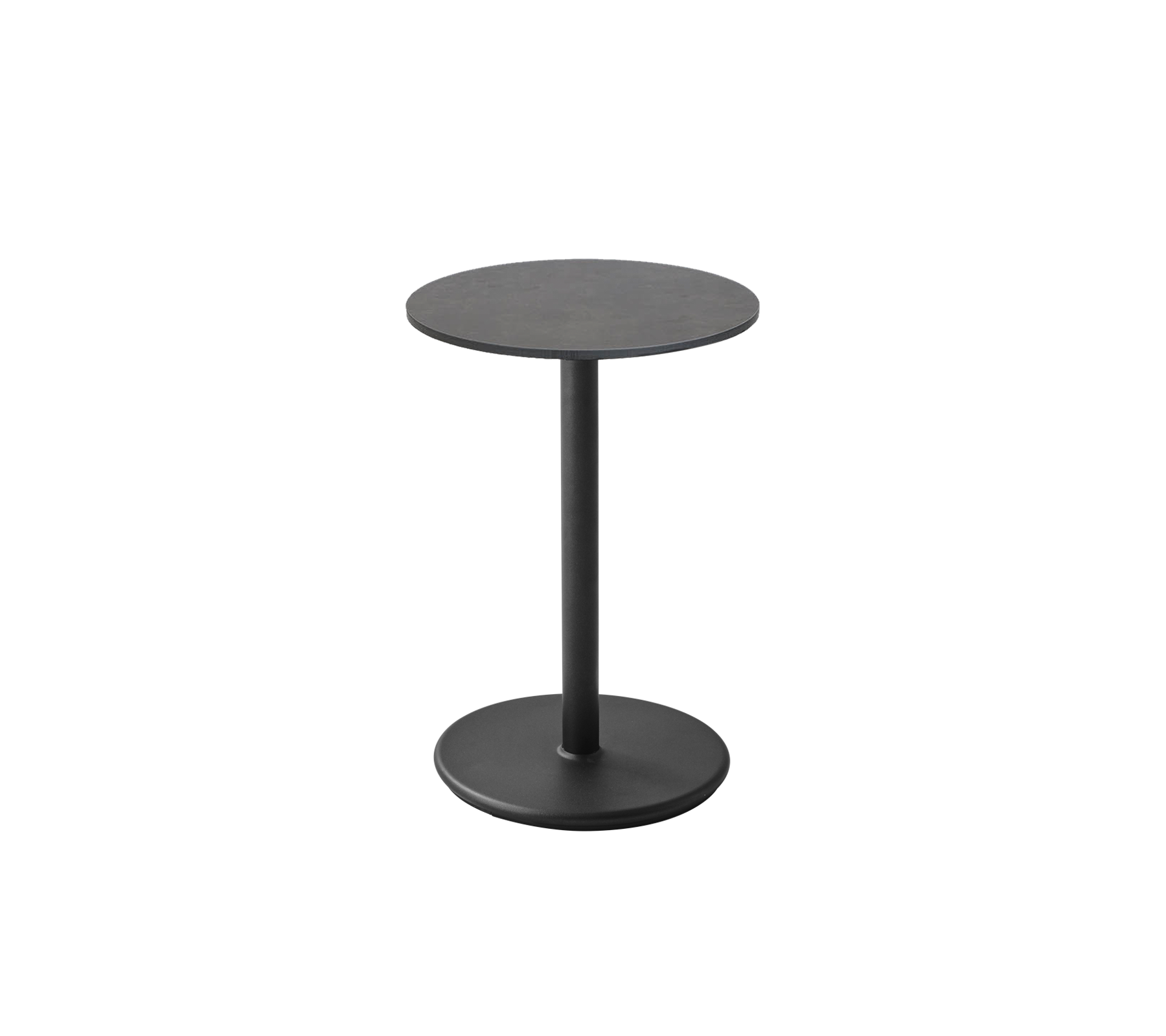 Une table d'appoint noire élégante avec un dessus circulaire et une base robuste, parfaite pour un styling polyvalent dans divers espaces.