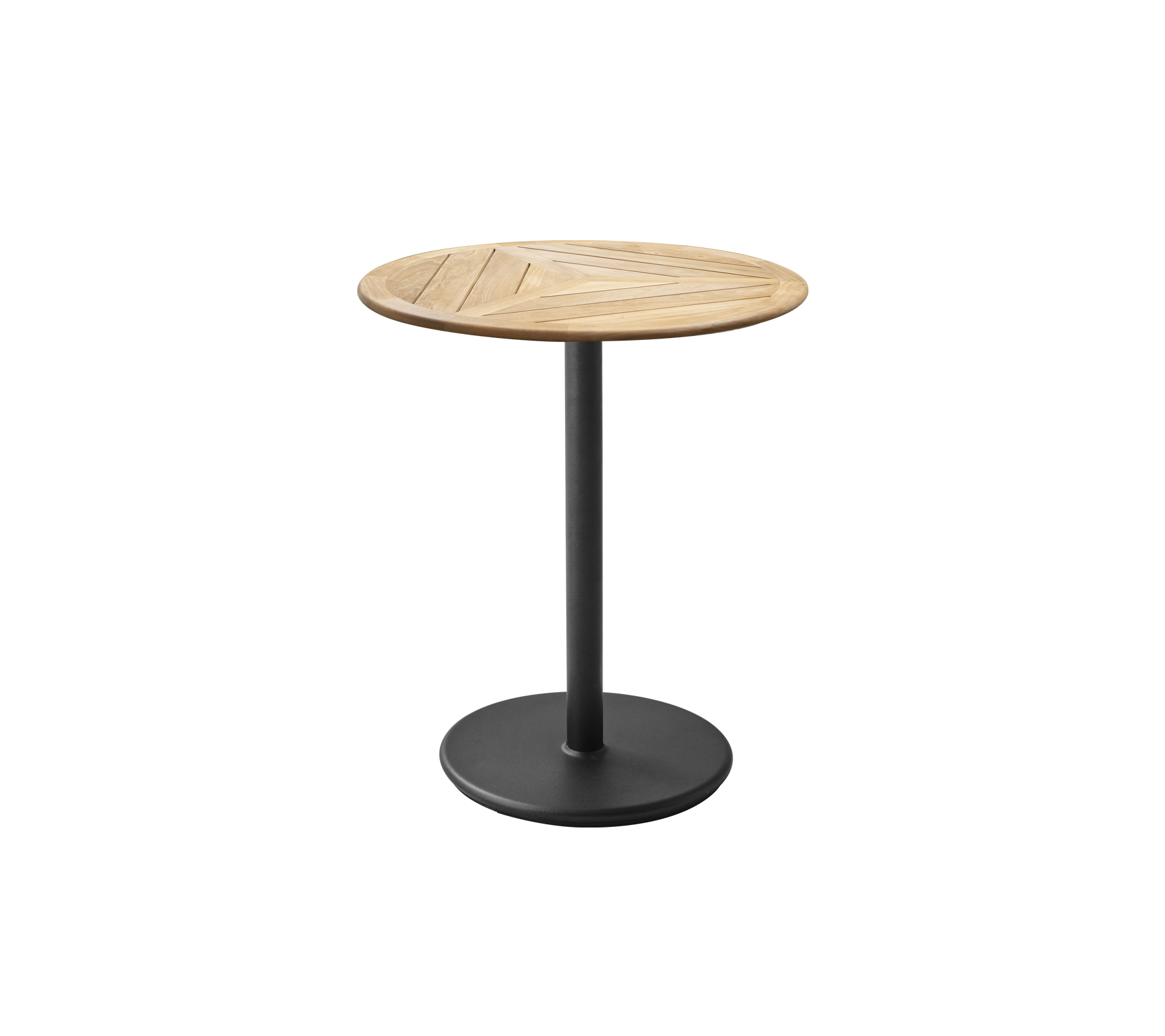 Table ronde avec un plateau en bois texturé et une base en métal noir élégant, parfaite pour des décors contemporains.