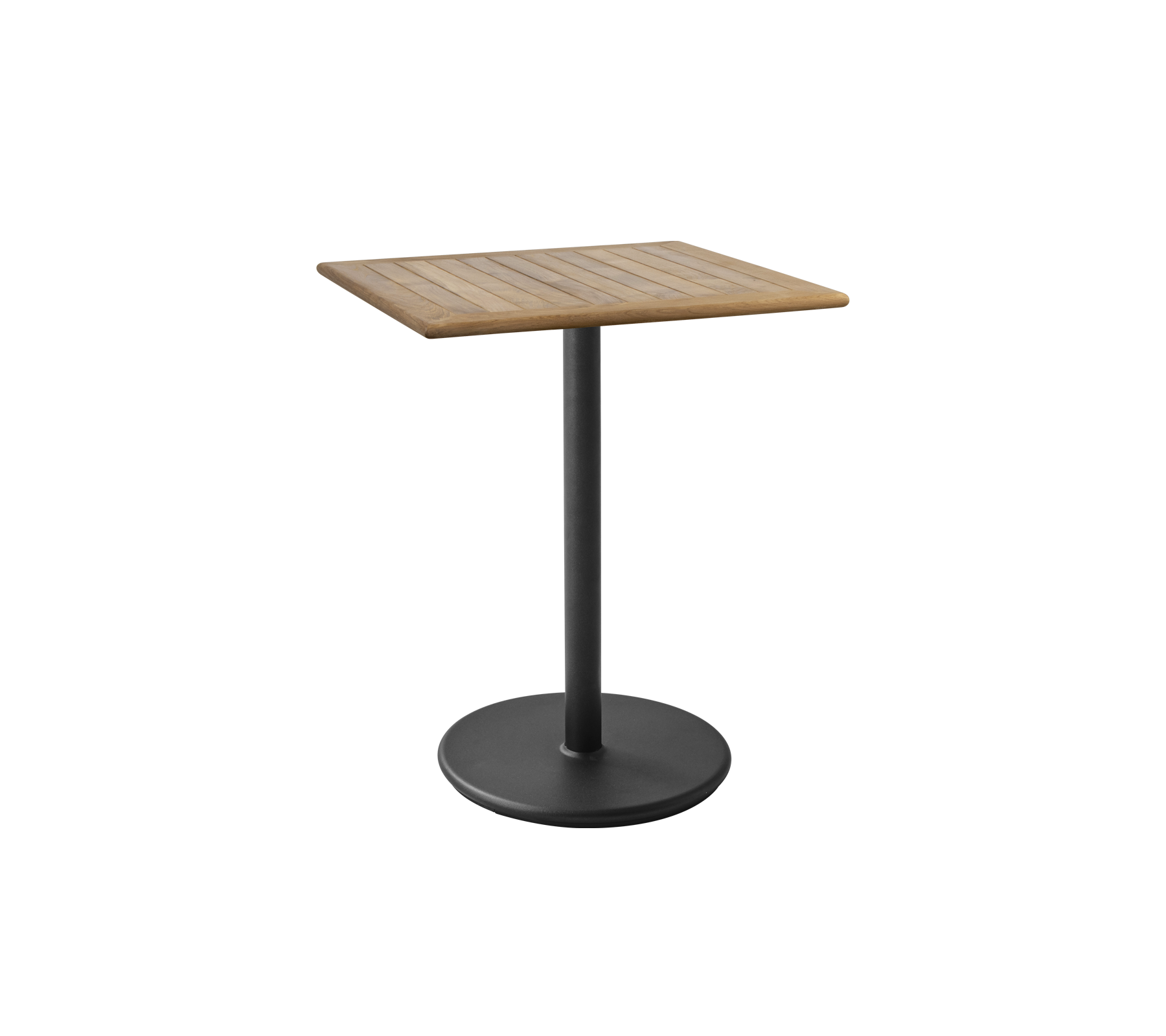 Table carrée avec un dessus en bois à lattes et une base en pied noir élégante, idéale pour divers environnements et styles.