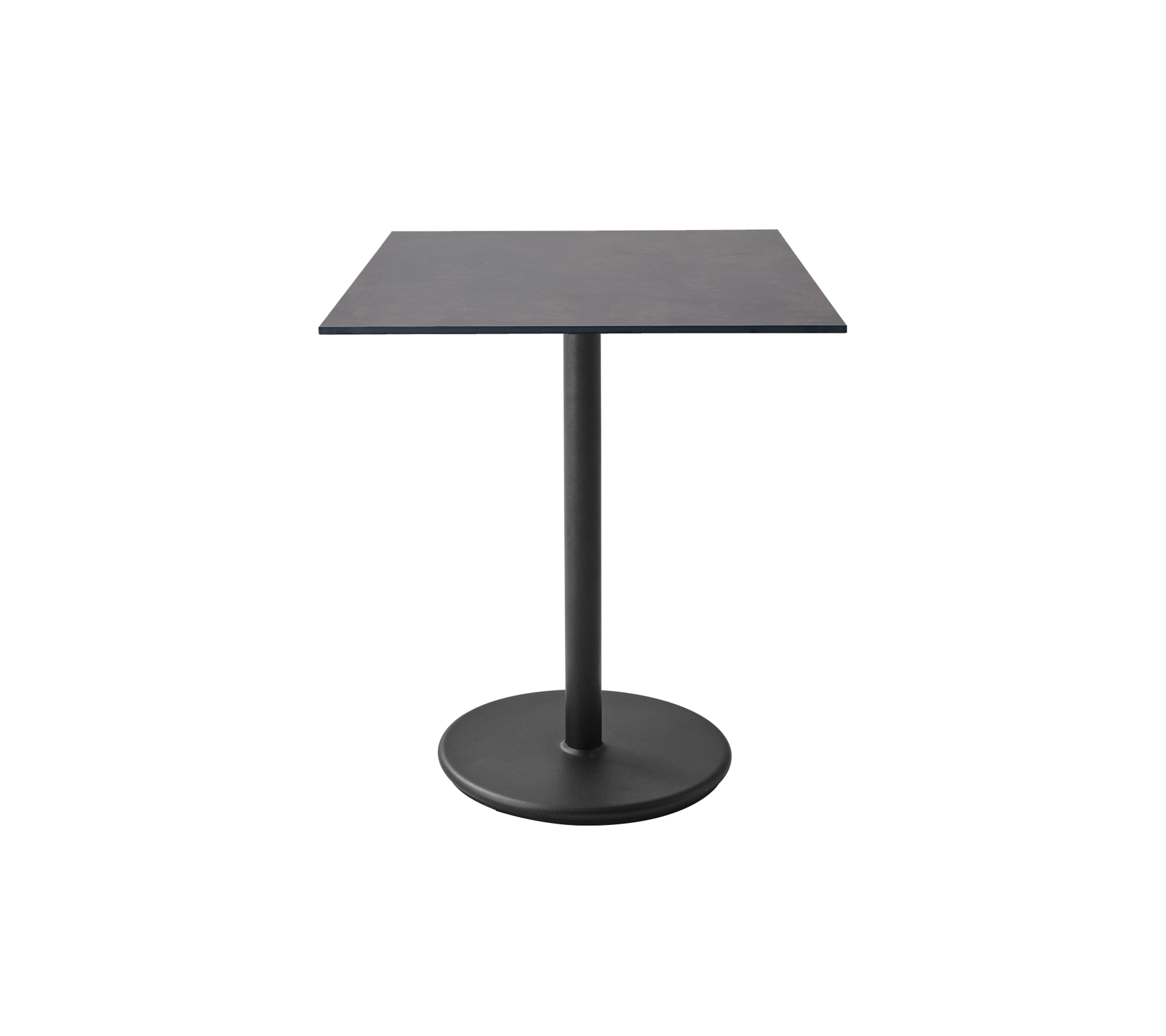 Table carrée avec une surface lisse et une base ronde robuste, conçue pour des espaces modernes et un usage polyvalent.