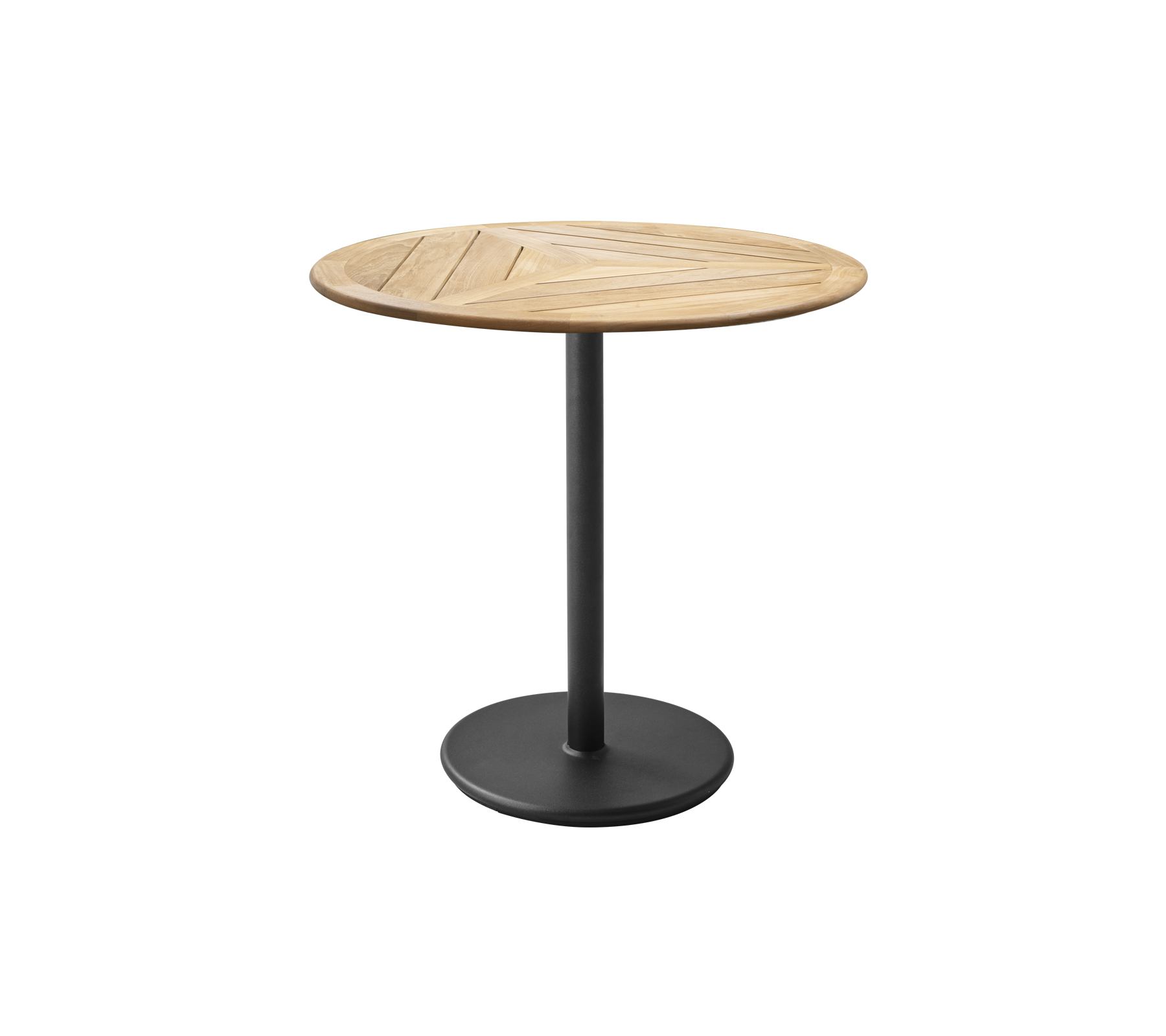 Table ronde avec un plateau en bois présentant un design géométrique et une base en métal avec finition mate. Idéal pour des repas décontractés ou des rassemblements.