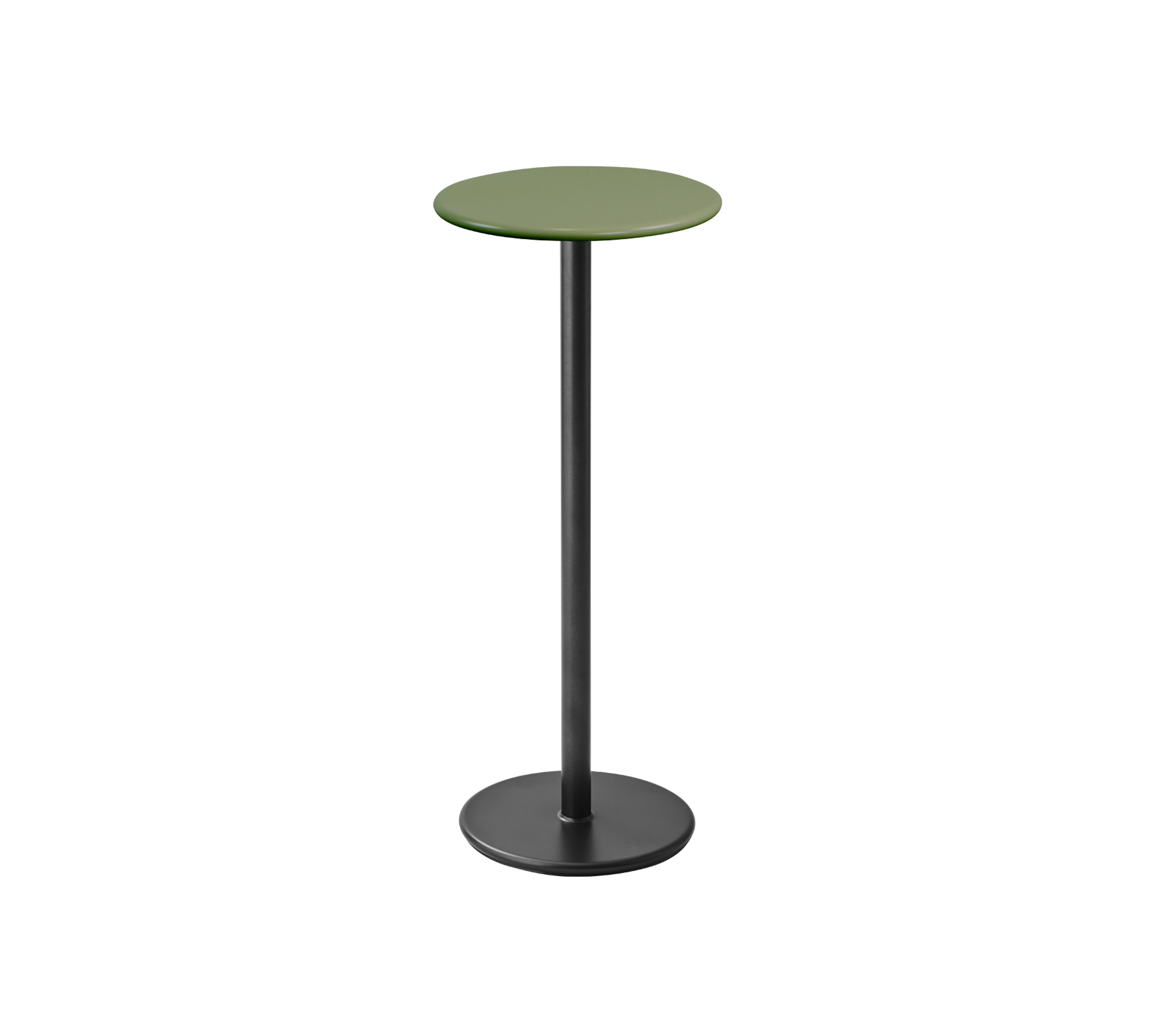 Table haute et élancée avec un plateau rond vert et une base noire, parfaite pour des ambiances décontractées ou des rassemblements sociaux.
