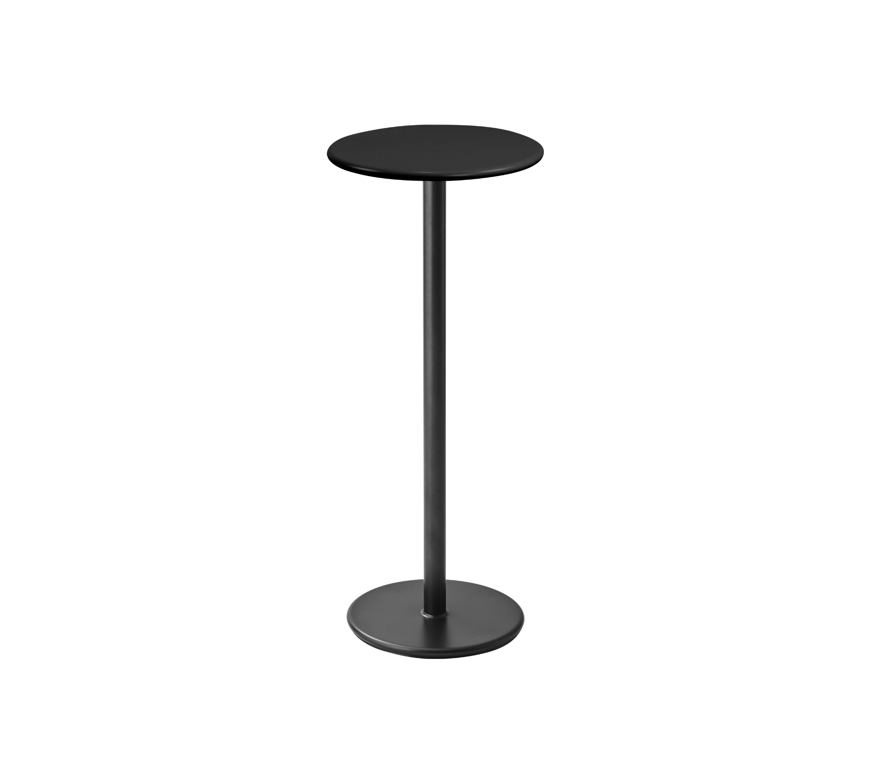 Une table ronde moderne et élégante avec un dessus noir et une base noire mince, idéale pour des repas ou des boissons décontractés.