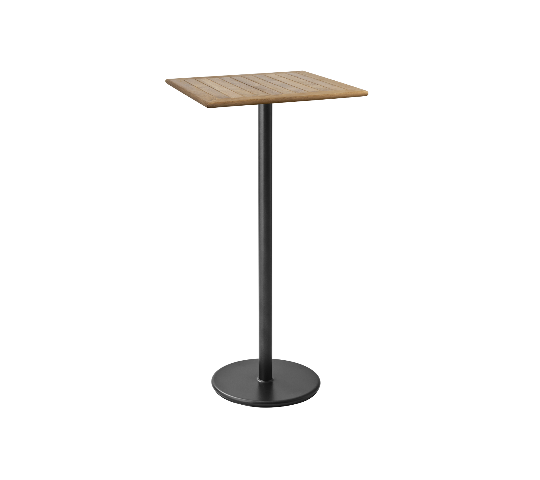 Une table élégante et moderne avec un plateau en bois carré et une base en métal noir robuste, parfaite pour des repas décontractés ou des apéritifs.