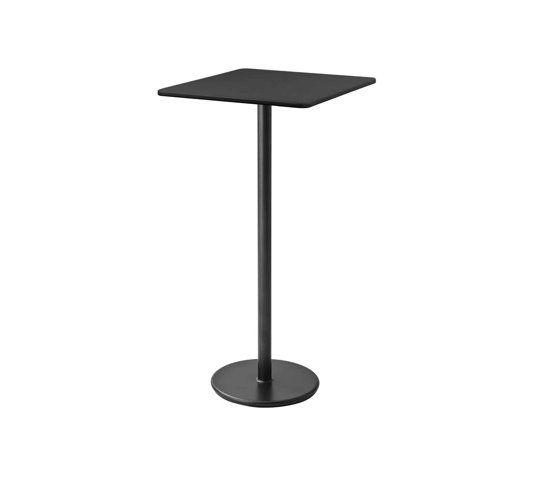 Table piédestal noire et moderne avec un plateau carré et une base circulaire robuste, idéale pour un repas décontracté ou des réunions.