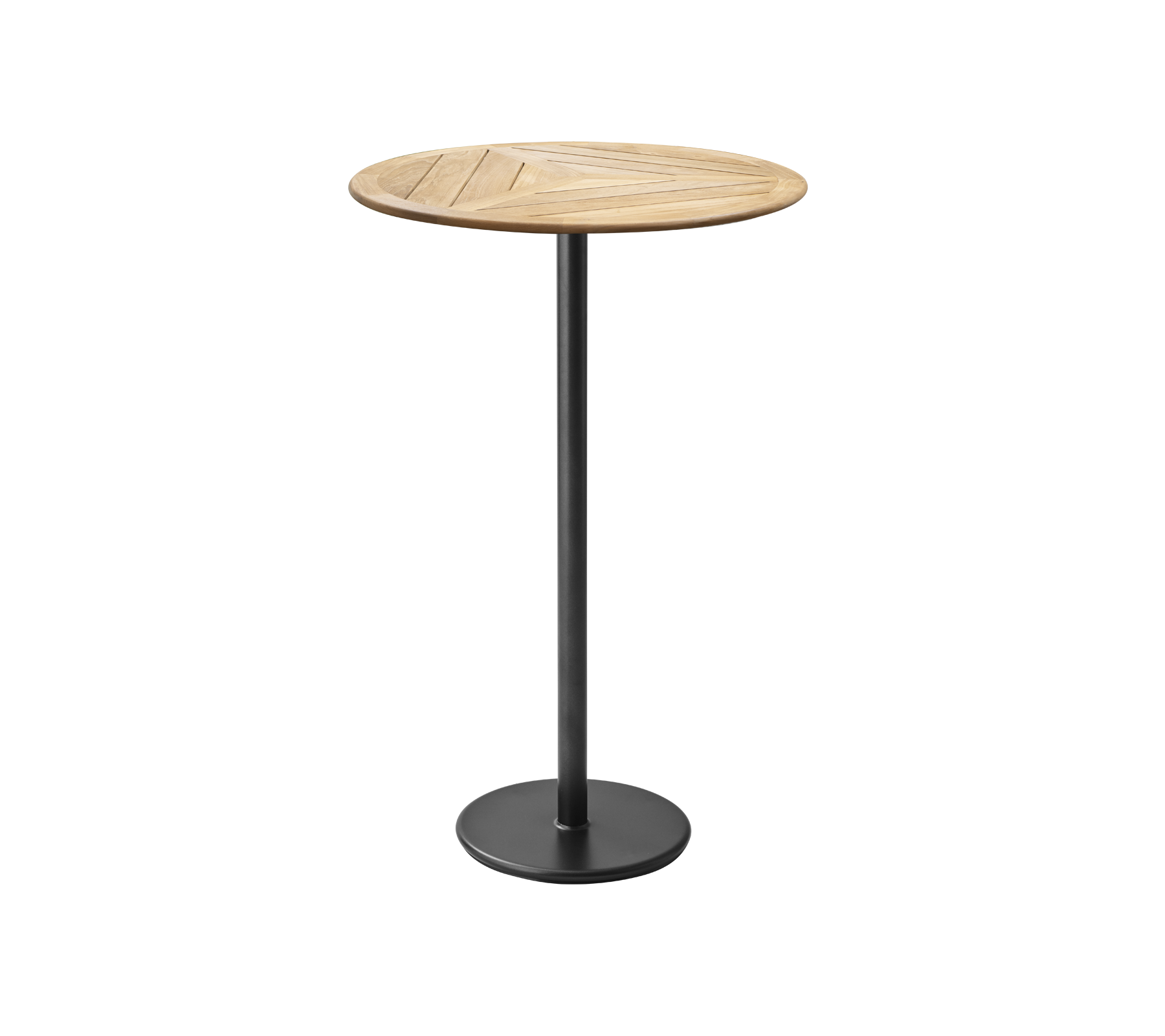 Table ronde en bois avec un plateau à lames, soutenue par une base en métal noir élancée. Idéale pour des repas décontractés ou des rassemblements sociaux.