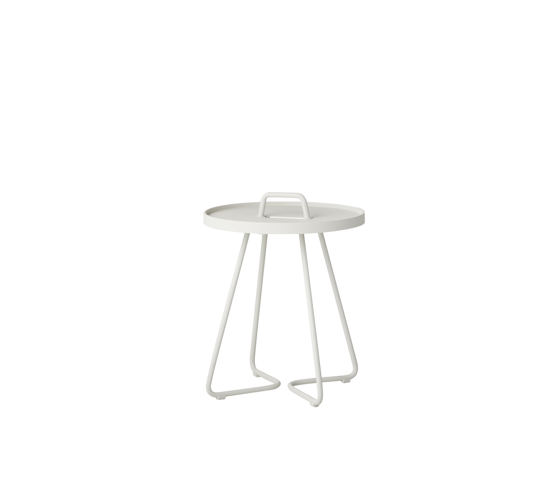Table d'appoint ronde moderne au design minimaliste avec des pieds anguleux robustes dans une finition blanche claire.