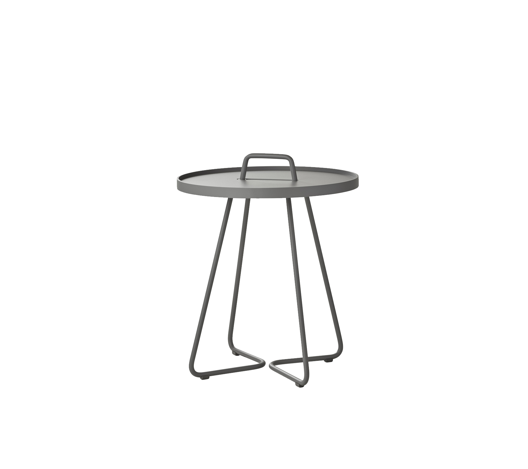 Petite table ronde avec un plateau gris et des pieds en métal minimalistes, dotée d'une poignée pour une mobilité facile. Idéale pour divers environnements.