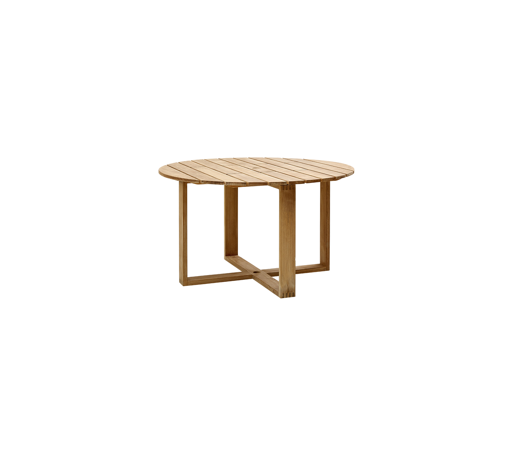 Table basse ronde en bois avec un plateau à lamelles et une base géométrique unique, mettant en avant une finition naturelle et un design contemporain.