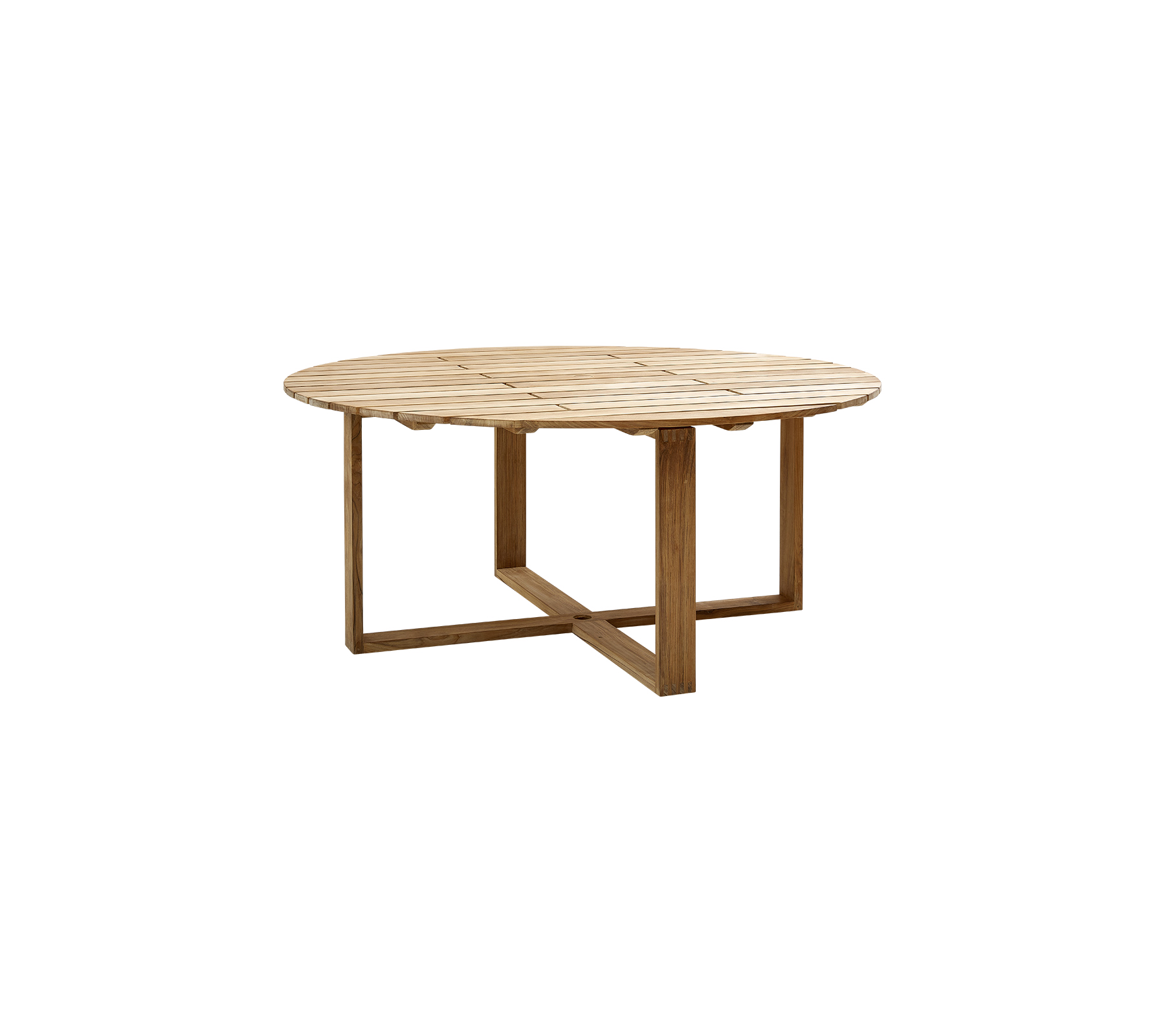 Table ronde en bois avec une finition naturelle et une base solide en croix, conçue pour un usage polyvalent.