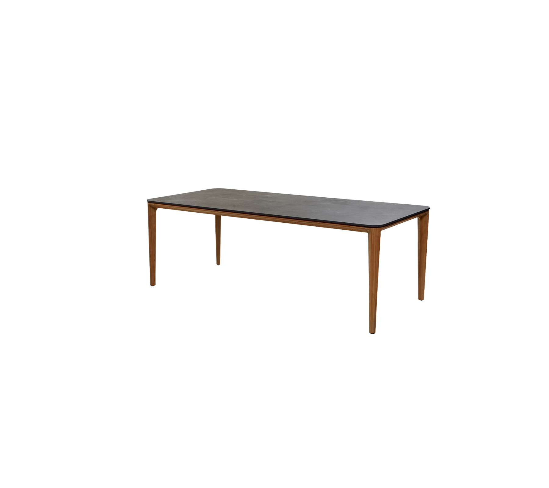 Table rectangulaire simple avec une surface sombre et des jambes en bois, adaptée à divers réglages et usages.