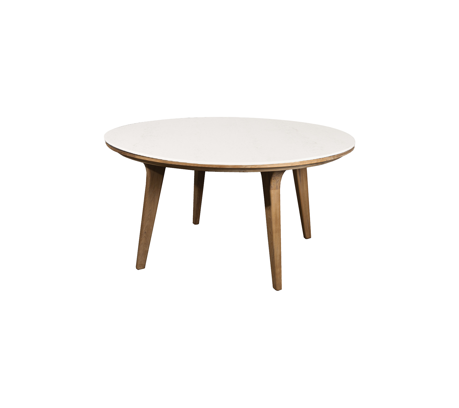 Table ronde avec un dessus blanc lisse et des pieds en bois, idéale pour les repas ou les rassemblements décontractés. Design élégant et contemporain.