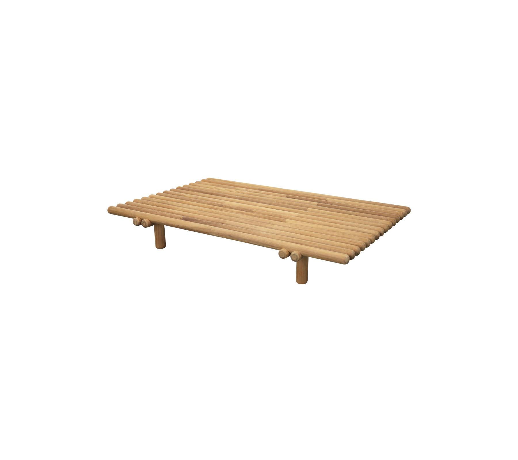 Table en lattes en bois avec quatre pieds, offrant un design minimaliste et une finition naturelle, adaptée à divers styles décoratifs.