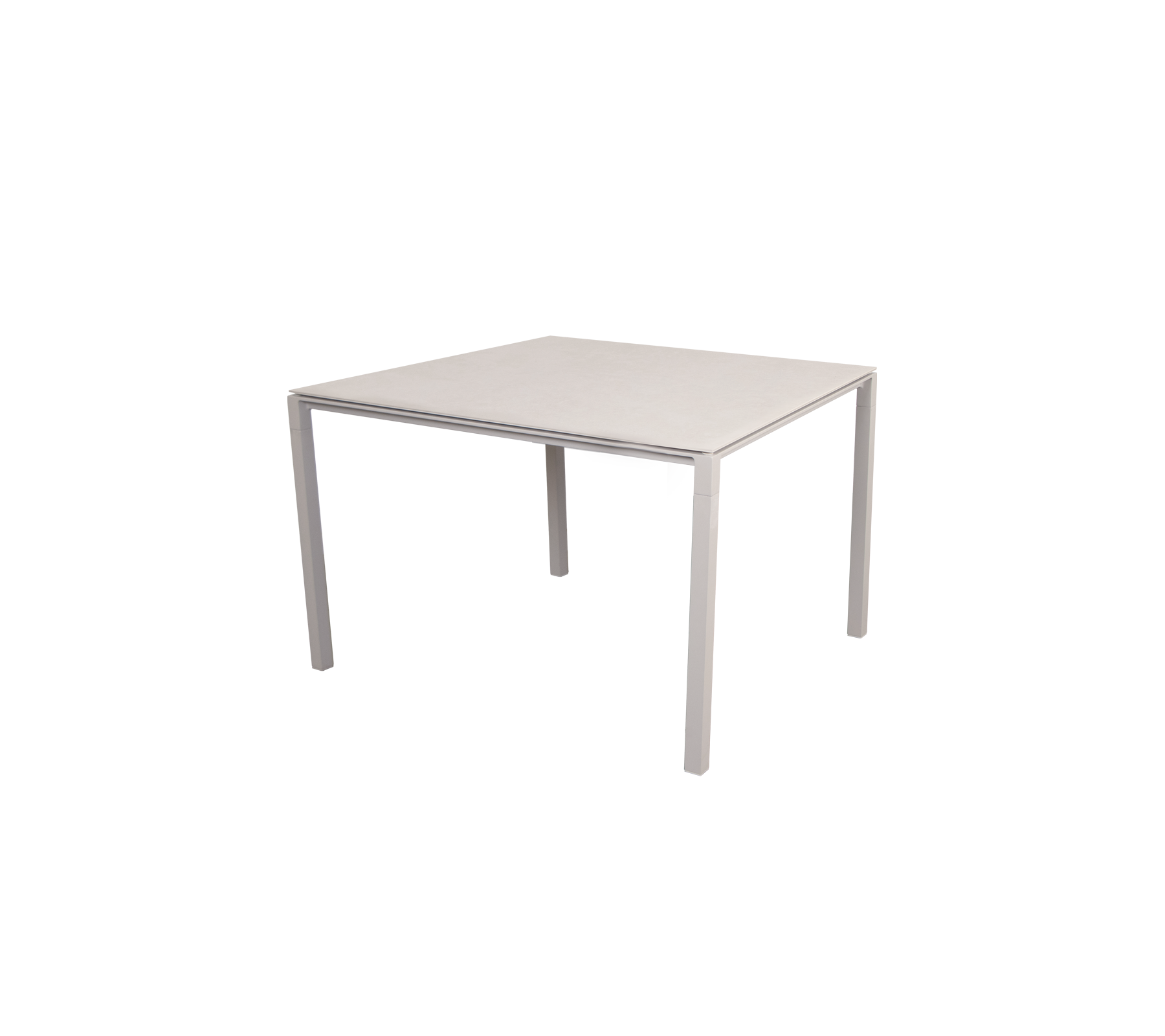 Table carrée avec un design élégant et minimaliste, dotée d'une surface plane et de quatre pieds robustes, adaptée à divers environnements.