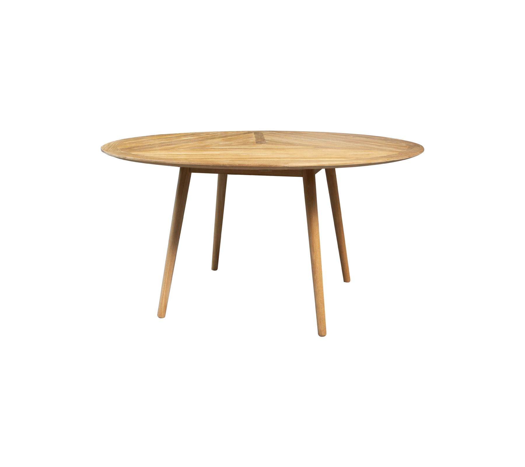 Table ronde en bois avec une surface lisse et quatre pieds effilés, conçue pour des arrangements de repas ou de travail polyvalents.