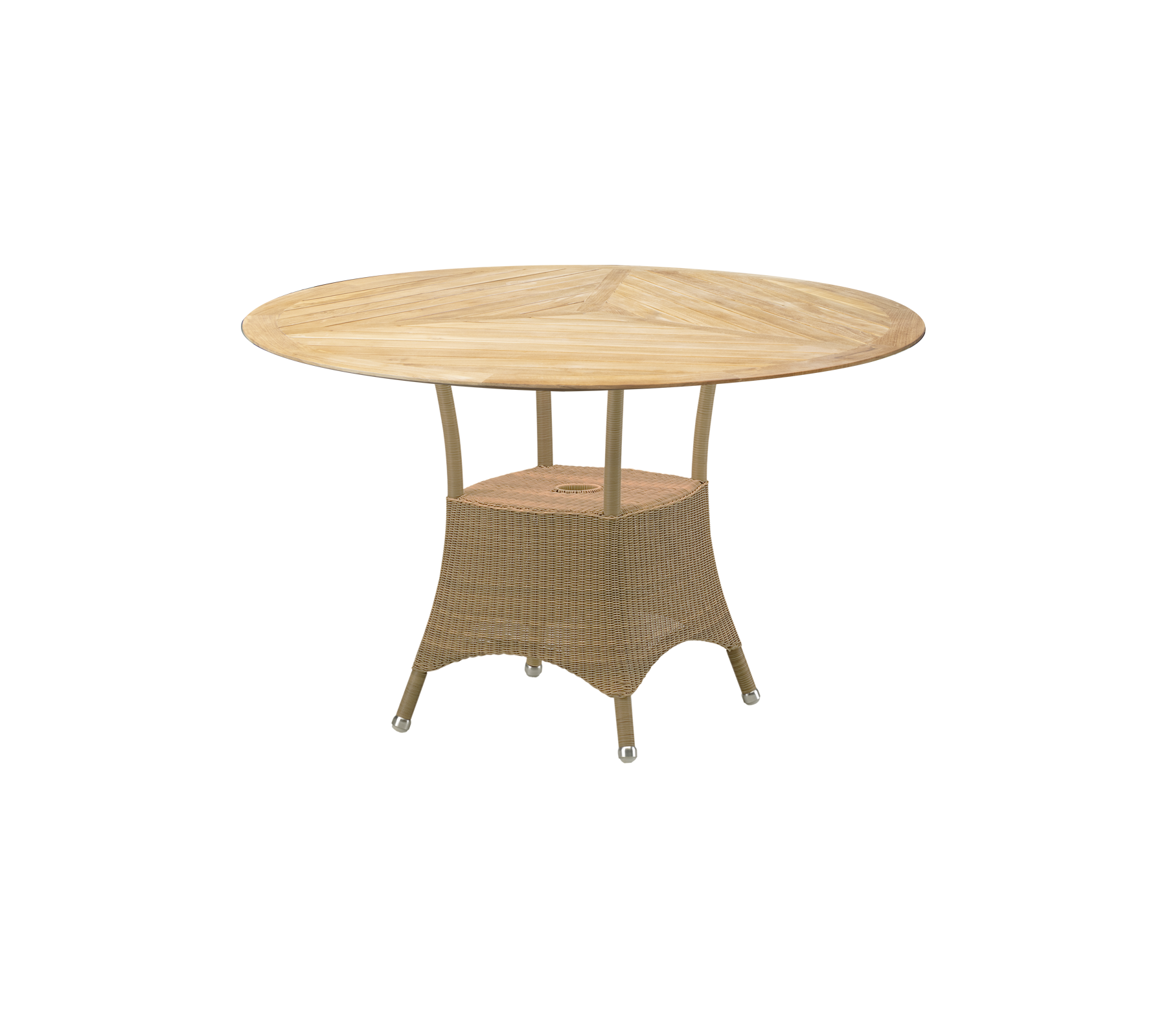Table ronde avec un plateau en bois et une base tissée, conçue pour le divertissement et les repas en extérieur. Convient aux rassemblements animés.