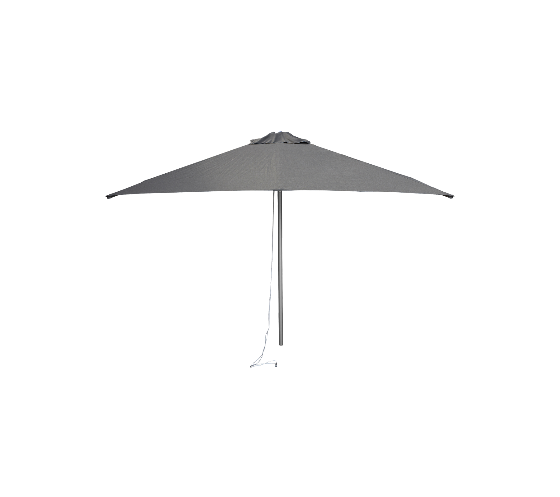 Un parapluie élégant et gris avec un design de auvent triangulaire et un poteau de support robuste, avec un cordon de tirage pour un réglage facile.