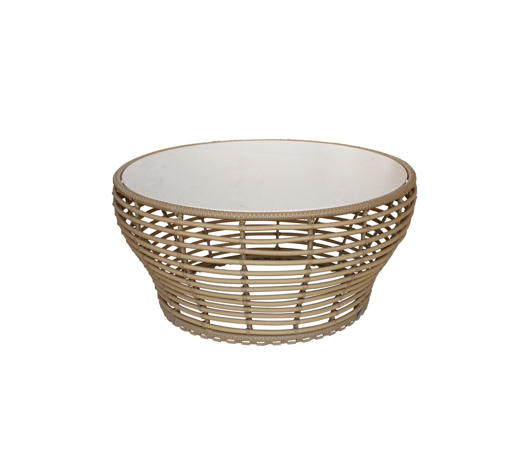 Panier ronde élégante avec un design tissé naturel et un intérieur blanc, parfaite pour ranger des objets ou comme pièce décorative.