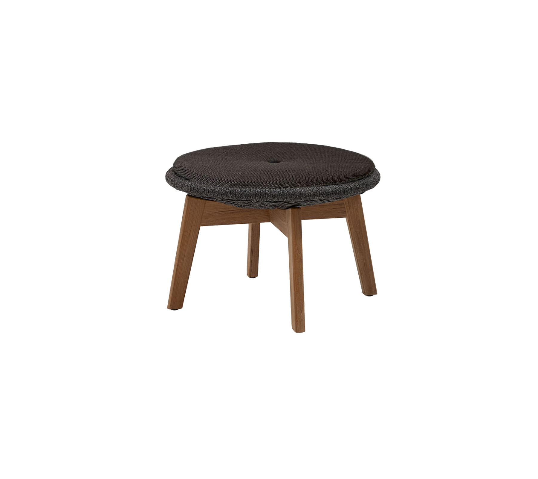 Tabouret rond rembourré avec une surface sombre et des pieds en bois, conçu pour le confort et le style. Idéal pour des agencements d'assise polyvalents.