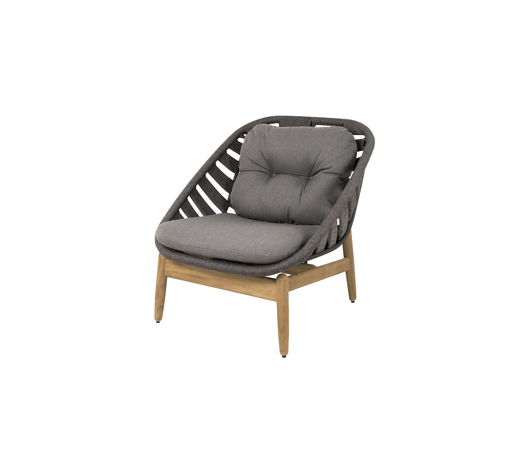Chaise élégante avec un siège rembourré gris et un cadre en bois, présentant un design tissé unique pour une décoration moderne.