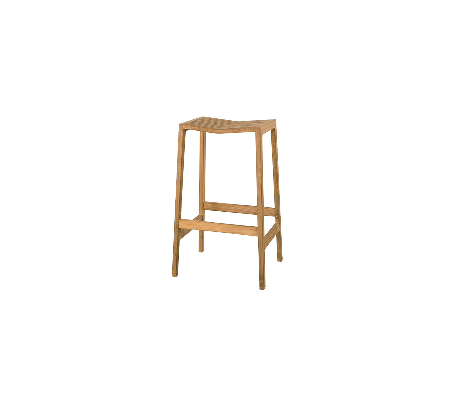 Un tabouret en bois simple avec une finition naturelle et quatre pieds, doté d'un repose-pieds pour plus de confort.